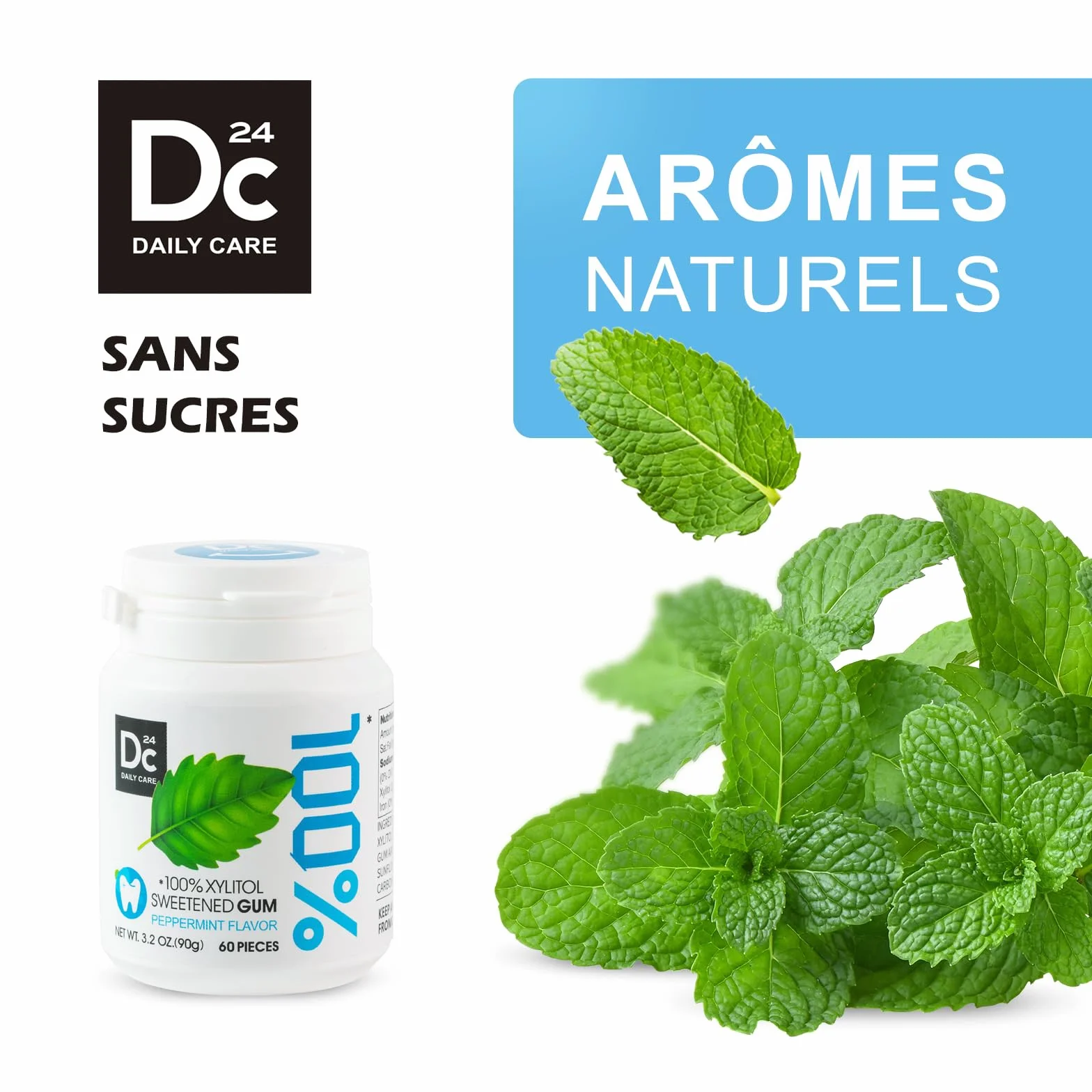 DC24 DAILY CARE 100% Xylitol Gum, sans aspartame, chewing-gum à la menthe poivrée sans sucre, 60 pièces, paquet de 2