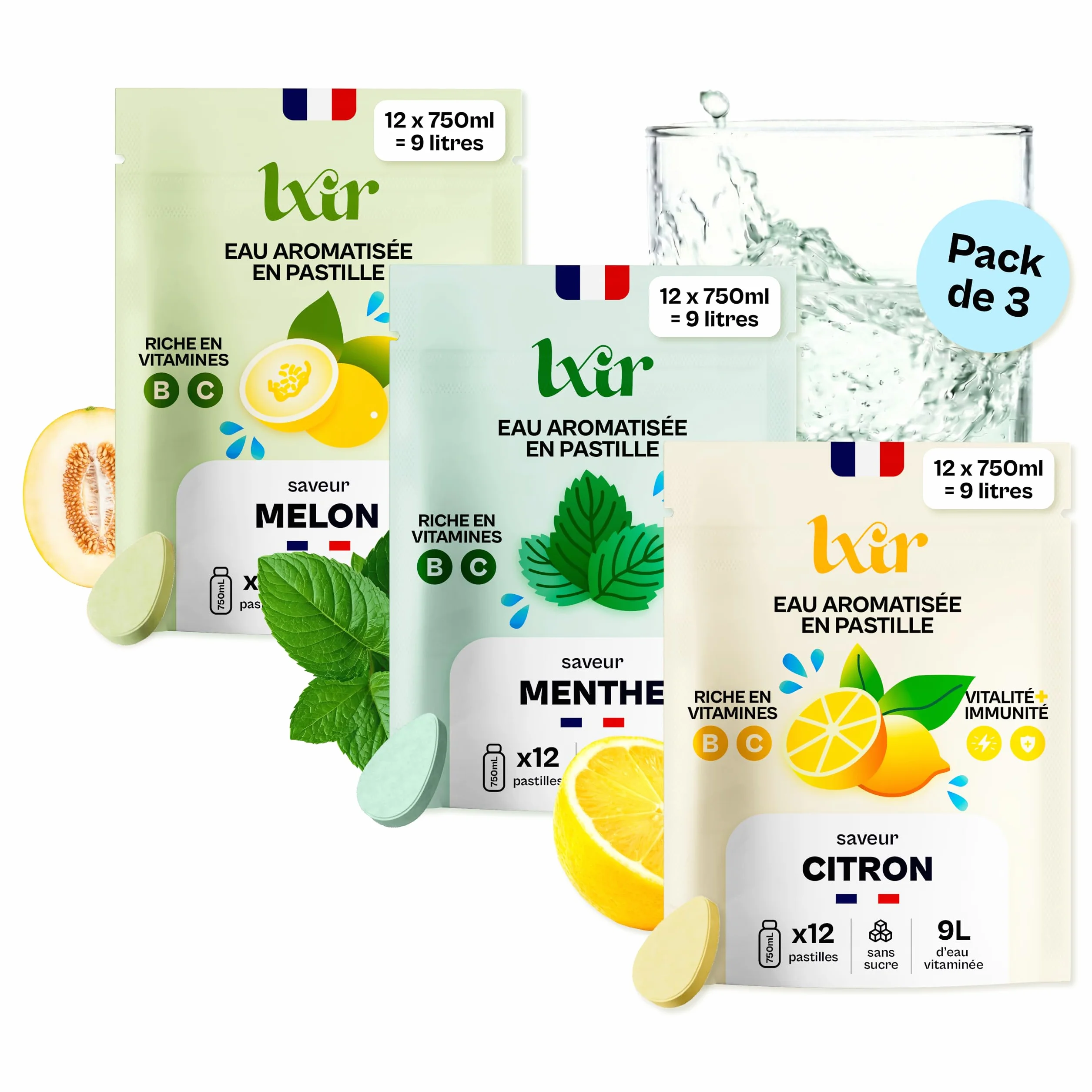 LXIR DRINK - Eau aromatisée en pastille sans sucre - Boisson multivitamines - Riche en vitamines C et B - Hydratation quotidienne - Beauté de la peau (1 unité (Lot de 36), Citron/Menthe/Melon)