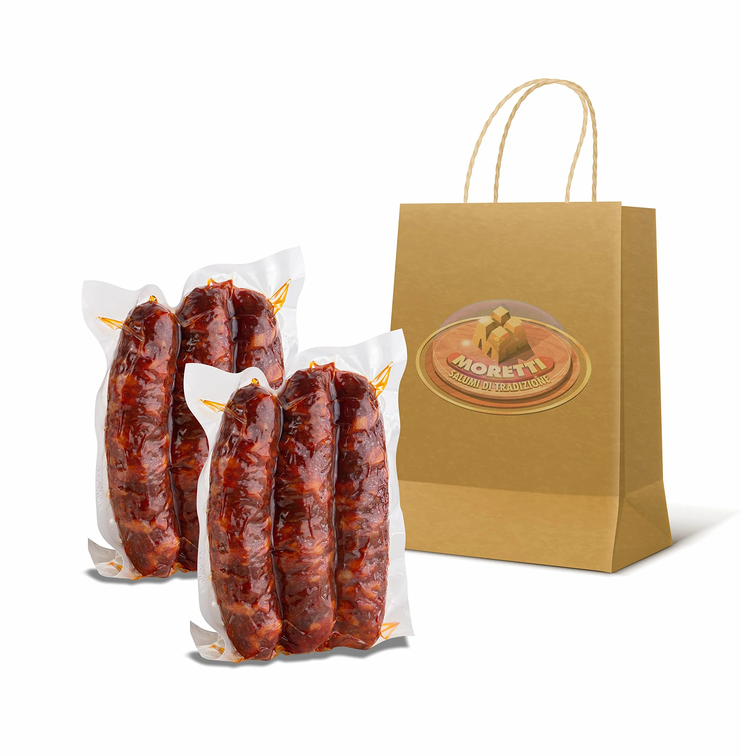 Moretti® Saucisse assaisonnée traditionnelle | 600g / 700g Sous Vide 2 Packs | Dessert au piment de Calabre | Séchage artisanal | Planche à découper en bois en cadeau (Sucré)