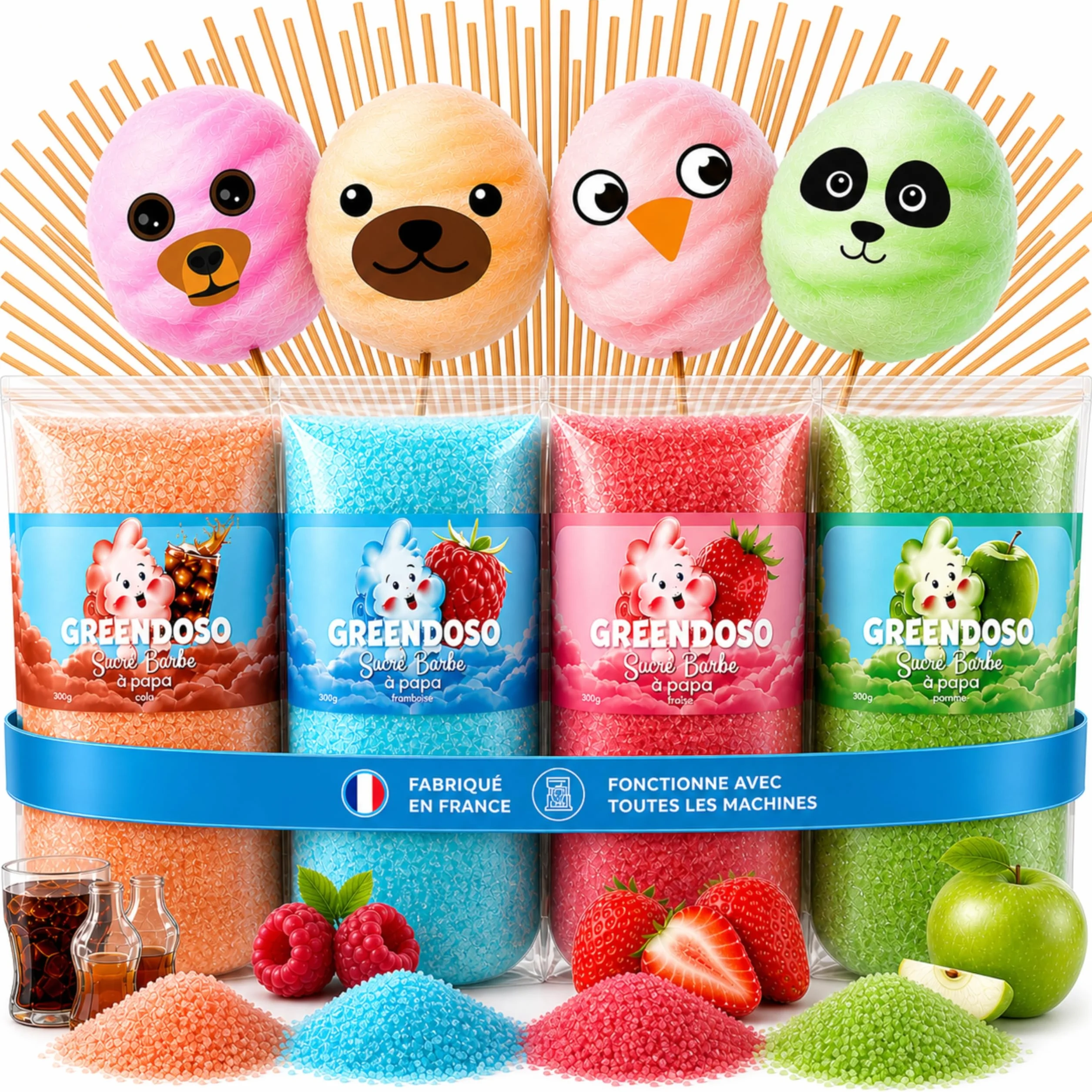 GREENDOSO® Sucre Barbe à Papa pour Machine (4x320 gr) – Lot de 4 Goûts (Fraise/Cola/Framboise/Pomme) – 50 Bâtonnets