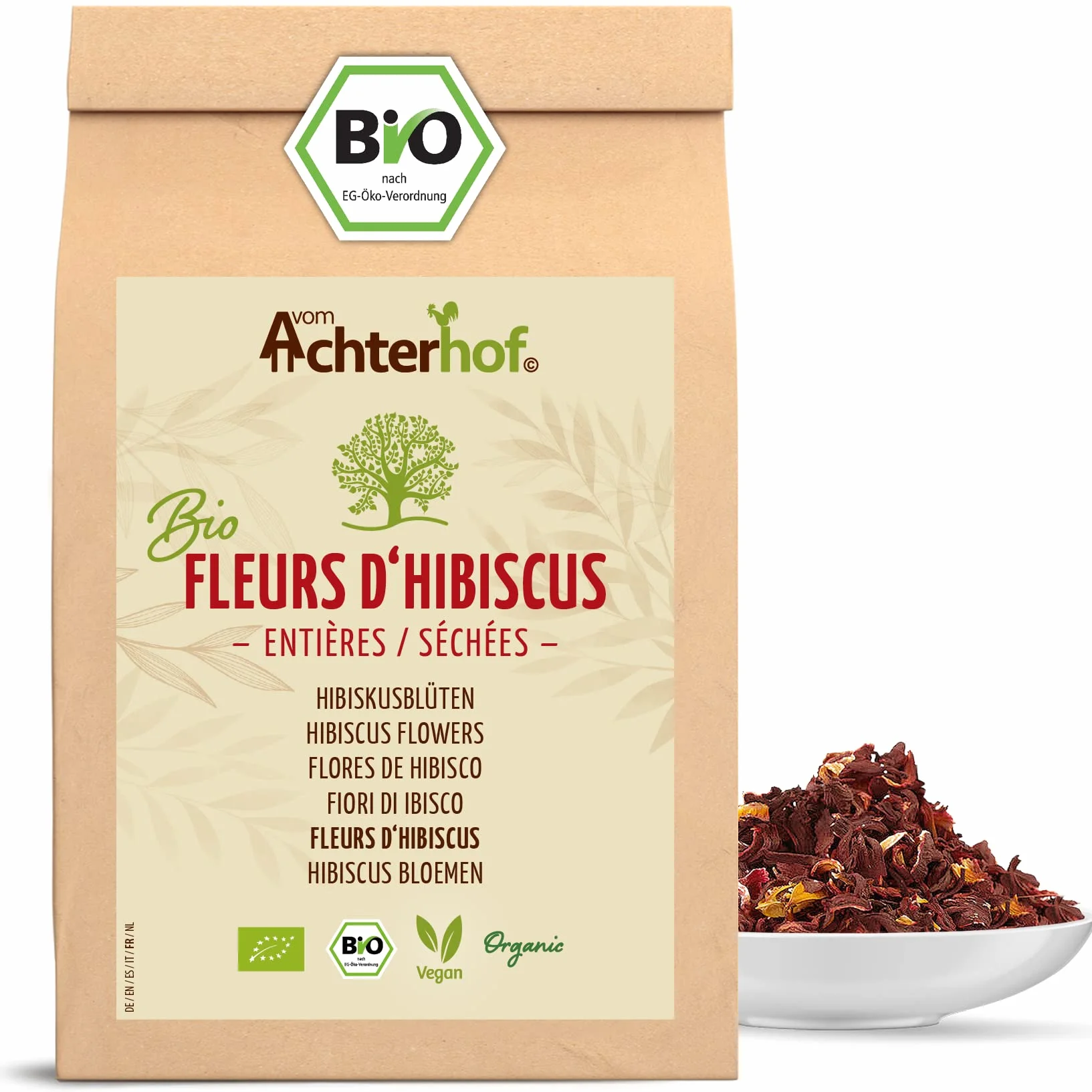 Fleurs d'hibiscus bio entièrement séchées 1000g | goût légèrement acidulé et fruité | en qualité bio | thé à l'hibiscus doux et aromatique | idéal pour les salades, desserts, yaourts | vom Achterhof