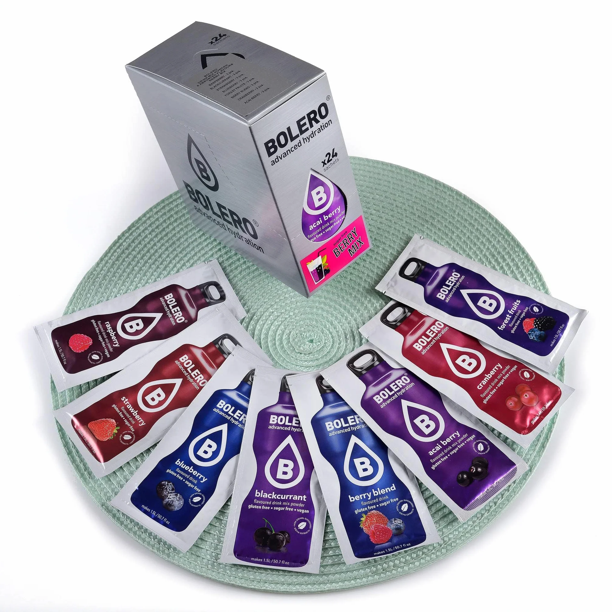 Boisson Boléro BERRY MIX | 24x9g I boisson rafraîchissante en poudre sans sucre édulcorée à la stévia | Vitamine C | pour diabétiques | arômes de baies | boissons pour la famille et les amis