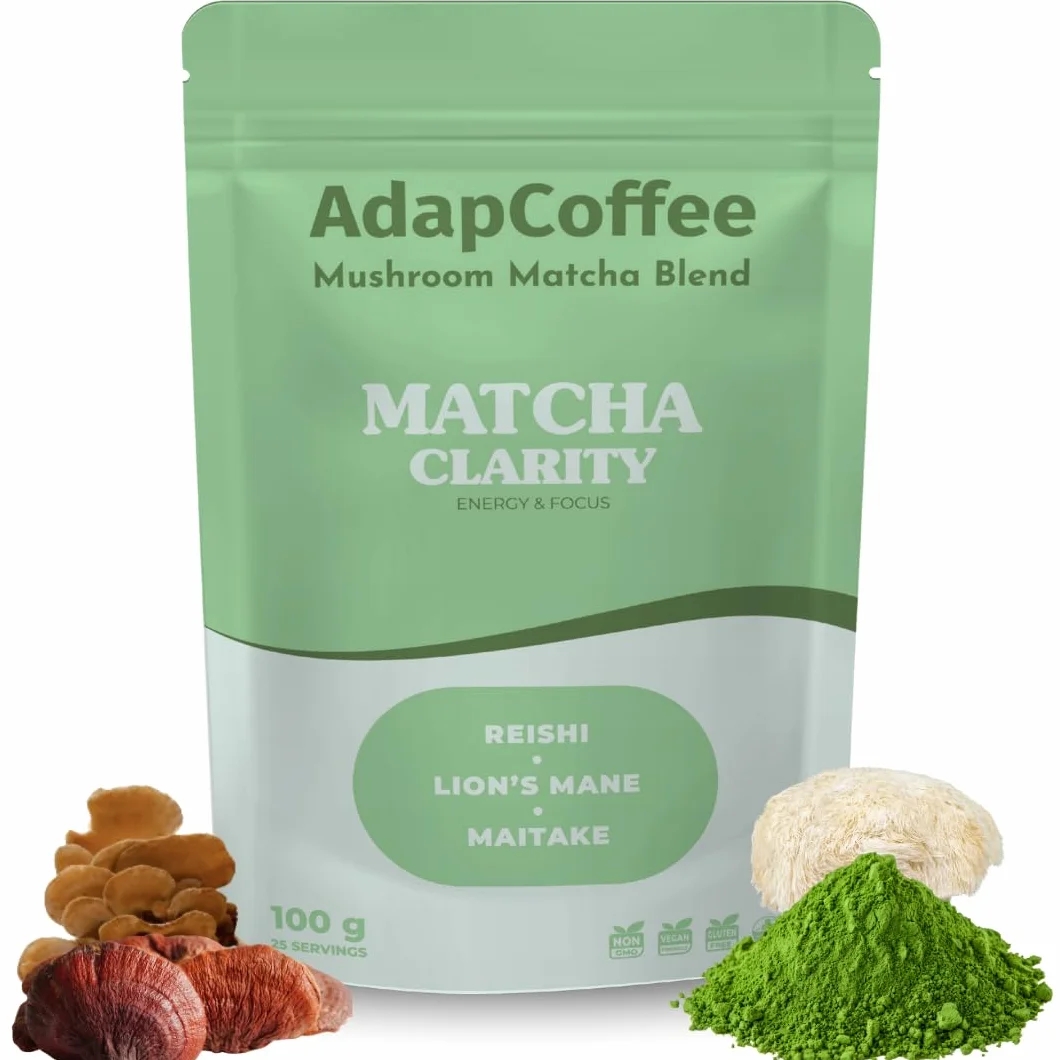 Matcha Clarity – Thé Matcha Cérémonial aux Champignons Adaptogènes – Lion’s Mane, Reishi & Maitake – Énergie Naturelle & Concentration – Vegan, Sans Sucre Ajouté – 25 tasses (100g)