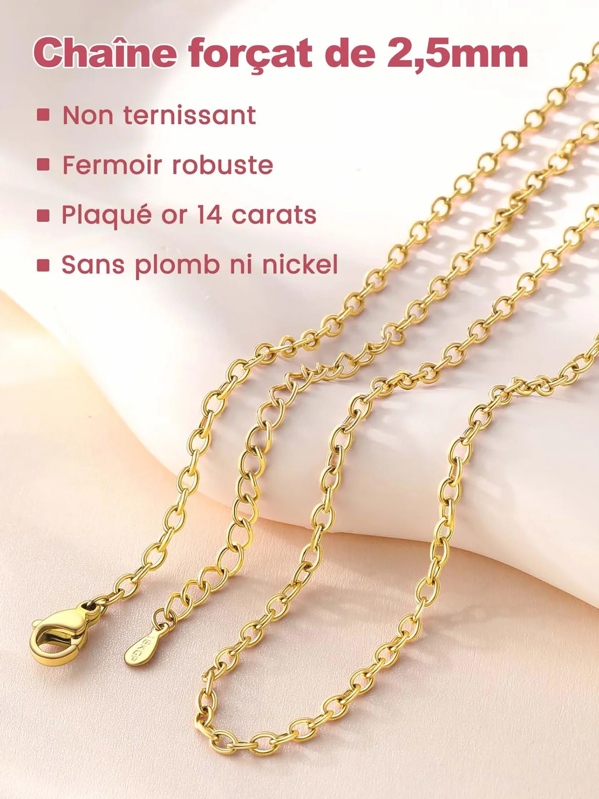FOCALOOK Collier Chaîne Femme 2.5mm Argent Plaqué Or Noir Rose Acier Inoxydable Maille Forçat Rolo Pendentif 35-75cm 5cm