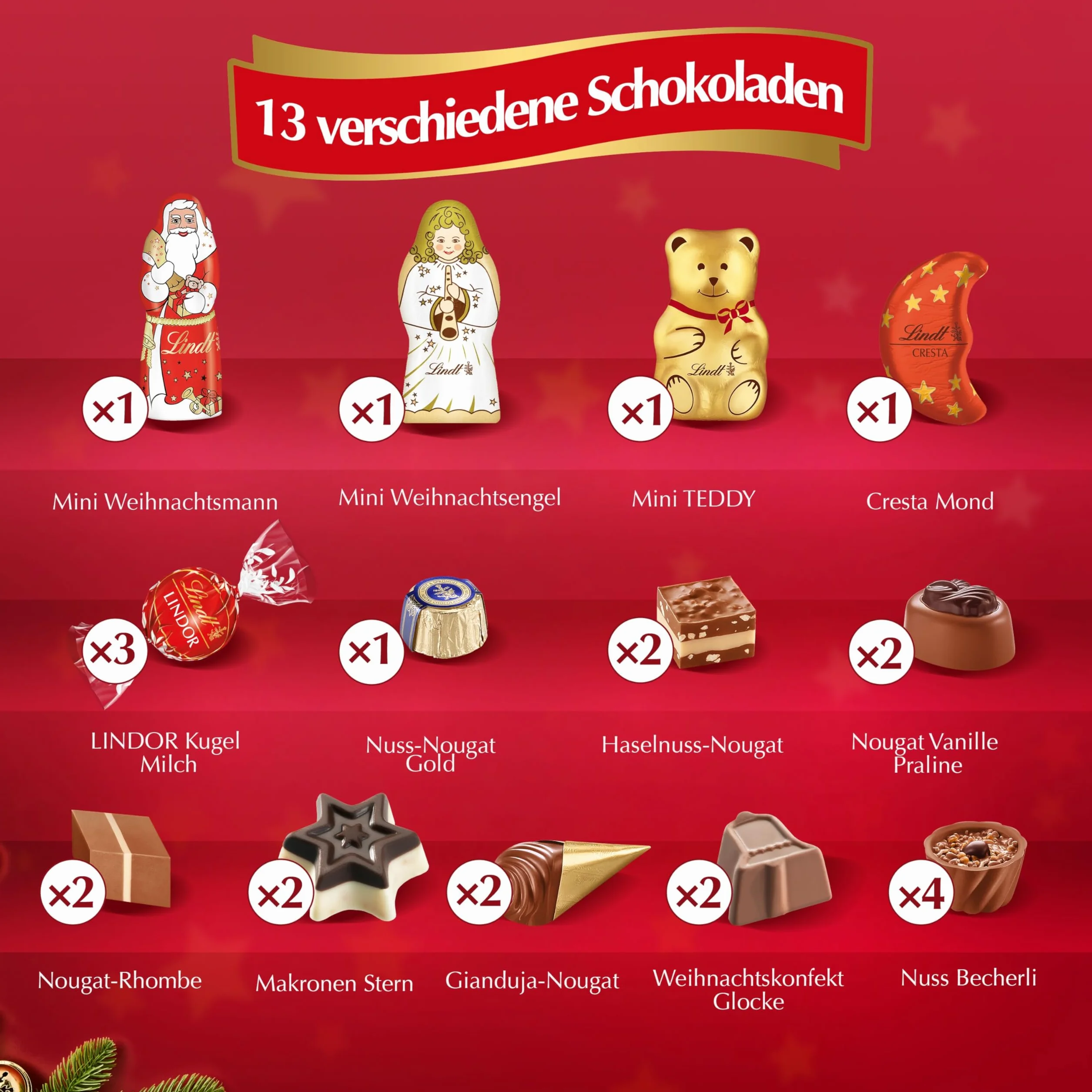 Lindt Calendrier de l'Avent 2024 au chocolat traditionnel 2024, 253 g, 24 chocolats et chocolats différents, cadeau au chocolat pour la période de Noël