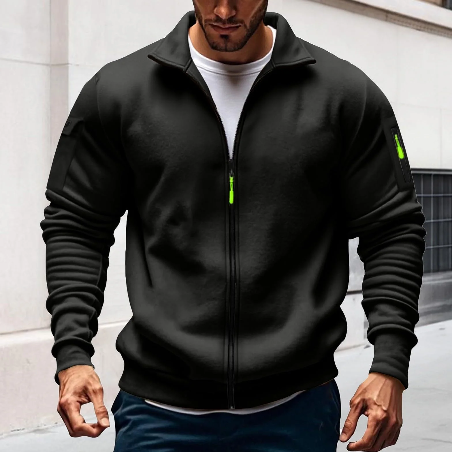 Sweat-shirt à fermeture éclair pour homme - Couleur unie - Sans capuche - Coupe ample - Veste légère avec poches