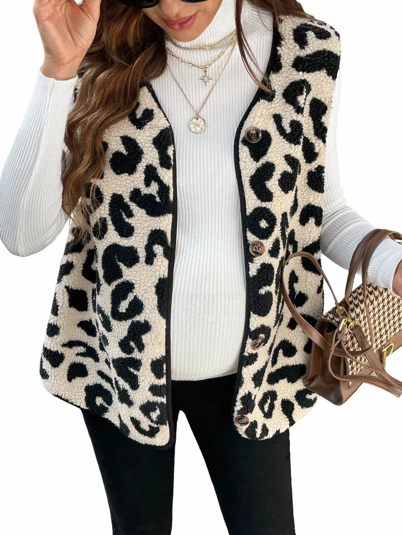 GORGLITTER Gilet en peluche pour femme enceinte sans manches Léopard Veste polaire légère boutonnière