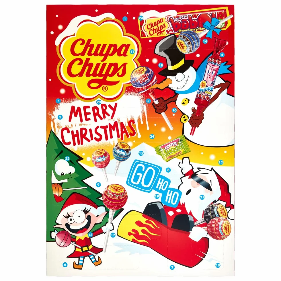 Chupa Chups - Calendrier de l'Avent pour Noël - Assortiment de 24 Confiseries - Sucettes et Chewing-Gums - Alternative au Calendrier de l'Avent Chocolat - Nouvelle Surprise Tous les Jours