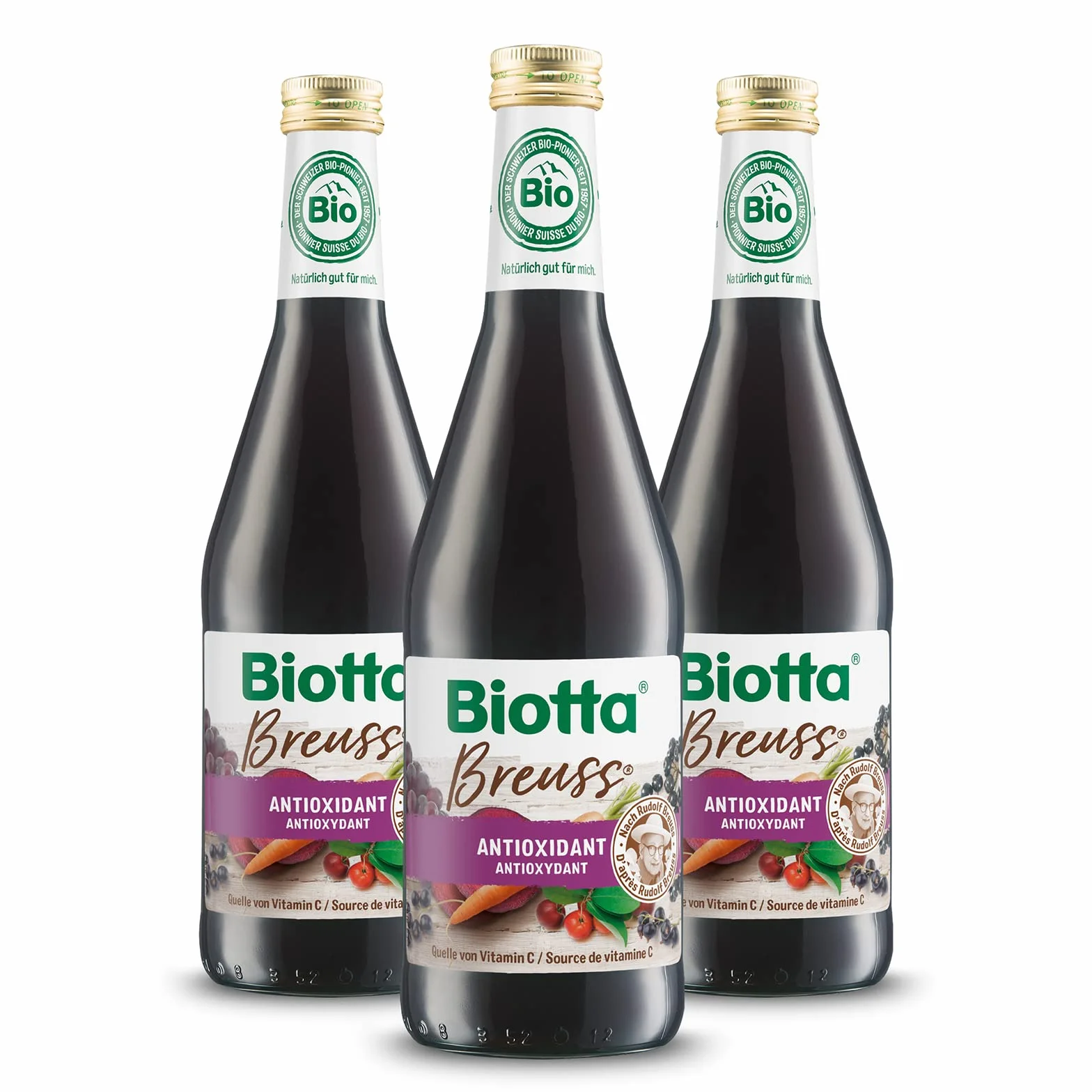 BIOTTA - Breuss - Soutient les défenses des cellules - Jus de fruits et légumes 100% Bio - Betterave lacto-fermenté, cassis, raisin - Haute teneur en vitamine C et antioxydants - 500ml - Lot de 3.