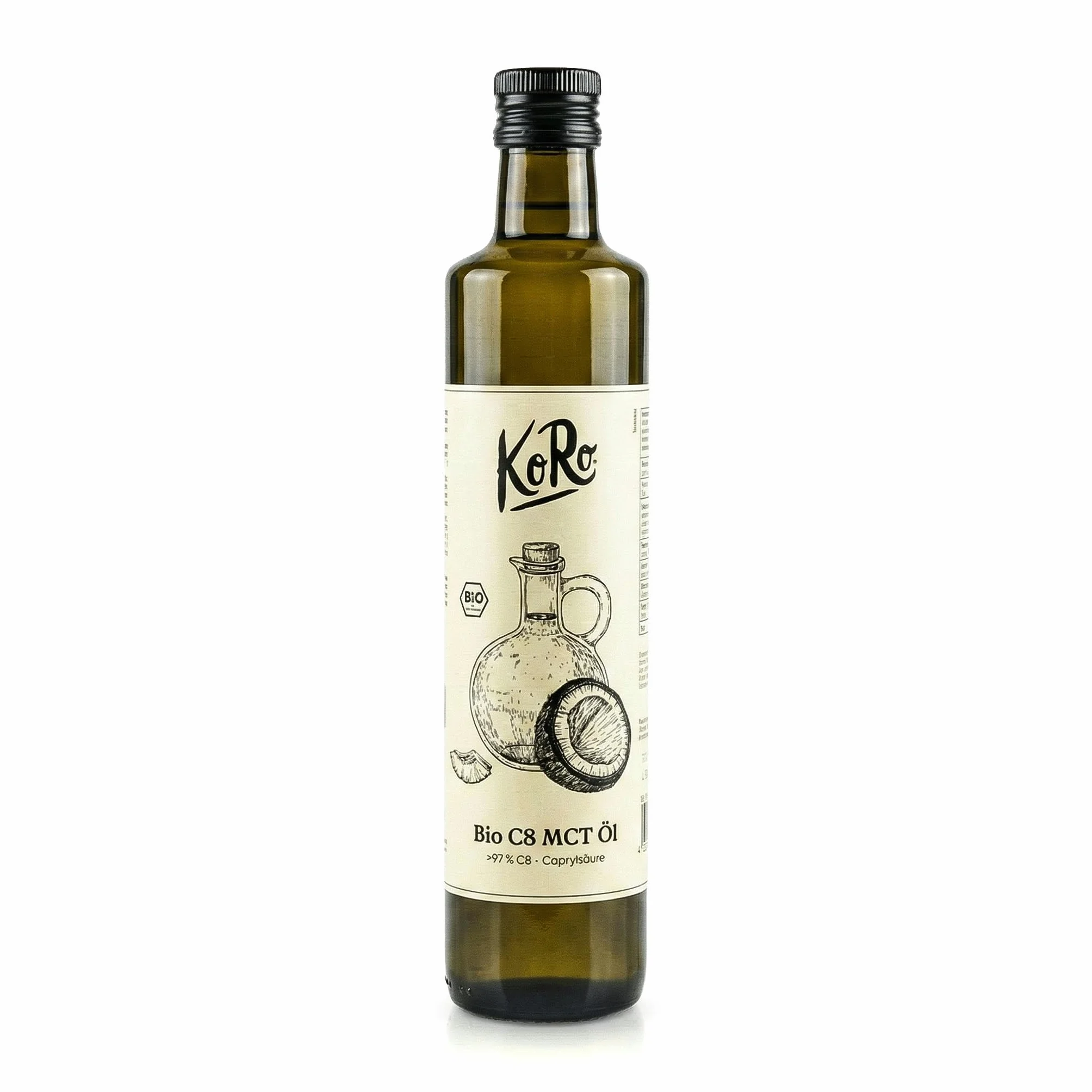 KoRo – Huile MCT C8 bio 500 ml – Issue à 100 % de l'huile de coco – Contient de l’acide caprylique pur C8 – Idéale pour les régimes céto et paléo – Goût neutre