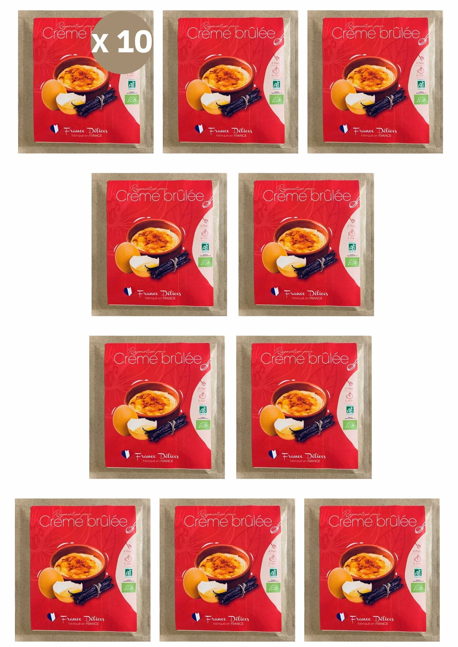 FRANCE DÉLICES - Préparation Pour Crème Brûlée Bio - Dessert Gourmand Et Naturel - Prêt En 5min - Fabrication Artisanale En France - Sans Gluten - 4 Pers. - 10 Sachets De 40g