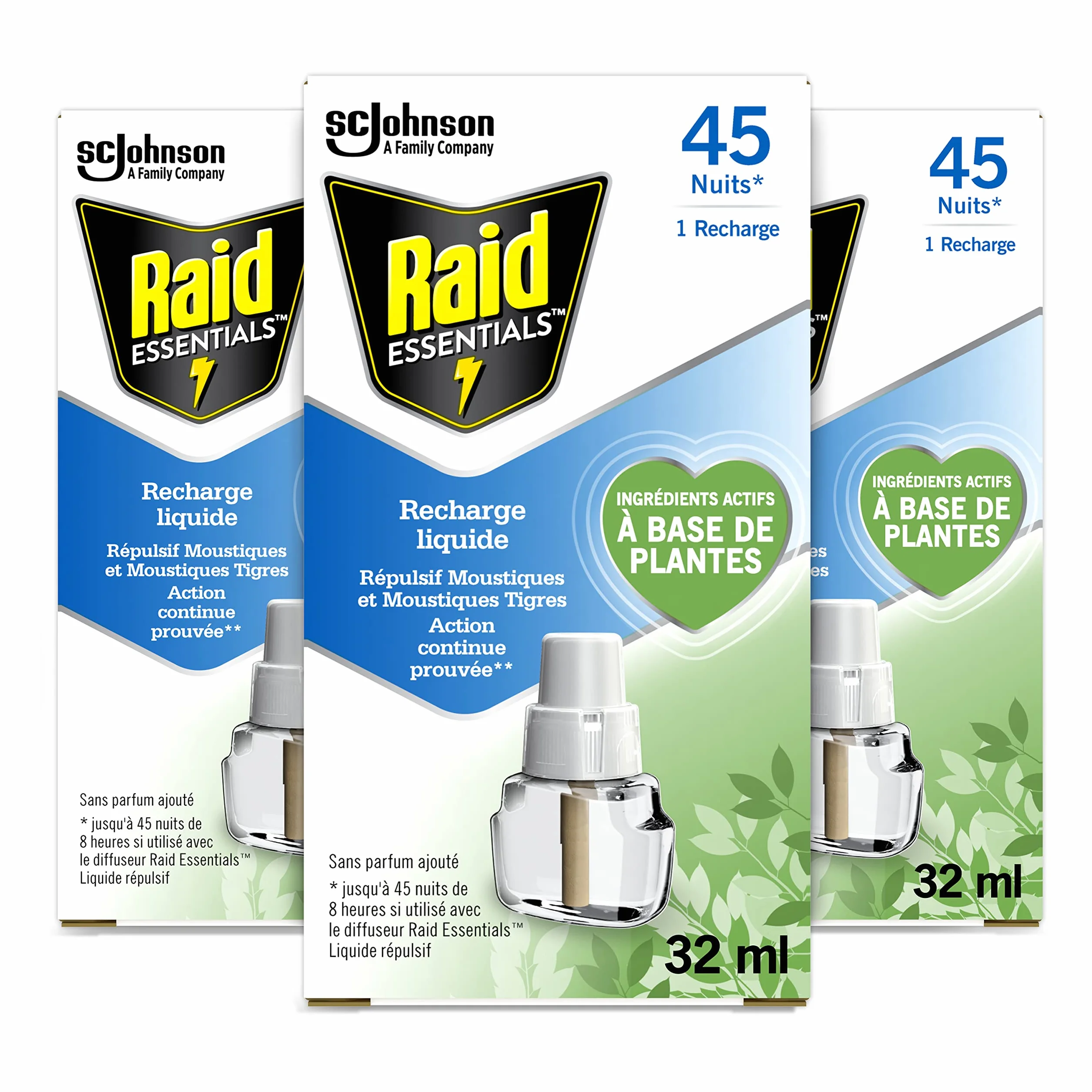 Raid Essentials Recharges pour Diffuseurs Electriques Liquides - Répulsifs Moustiques & Moustiques Tigres - 3 Recharges 45 Nuits