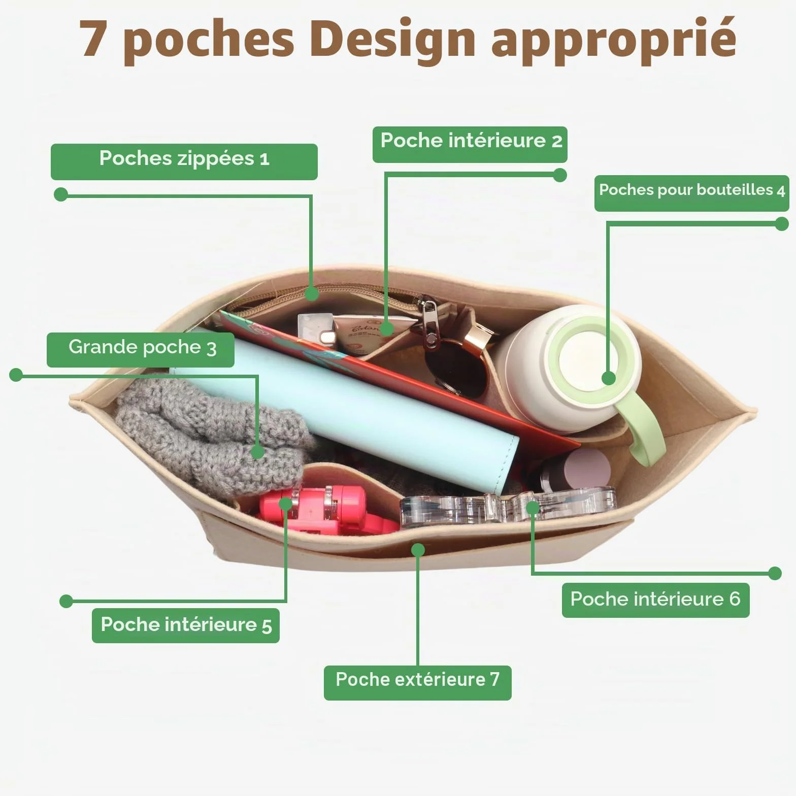 Organiseur de sac à main en feutre pour Longchamp L, pliable, Beige