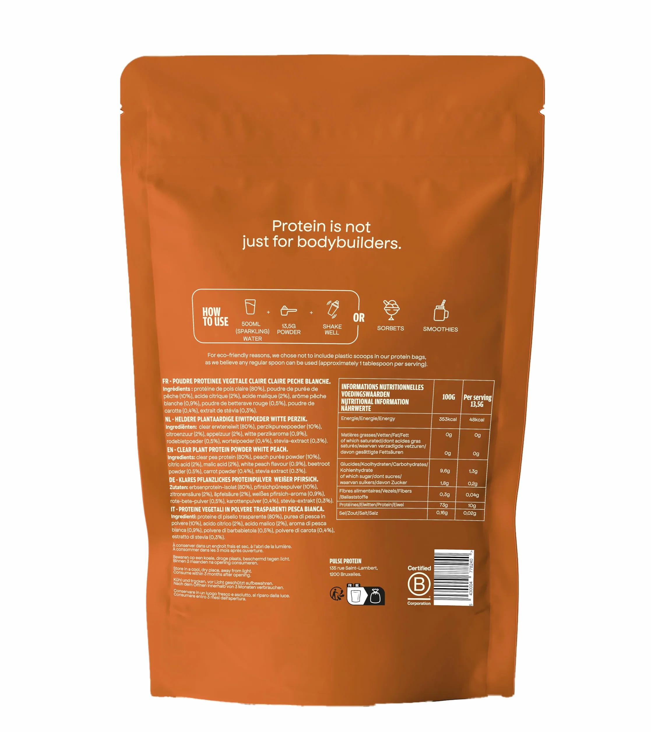 Protéine Transparente, Saveur Rafraîchissante De Pêche, 405g | Clear Protein 100 % vegan, isolat de protéine de pois de haute qualité, sans sucre, faible en calories, 10 g par portion