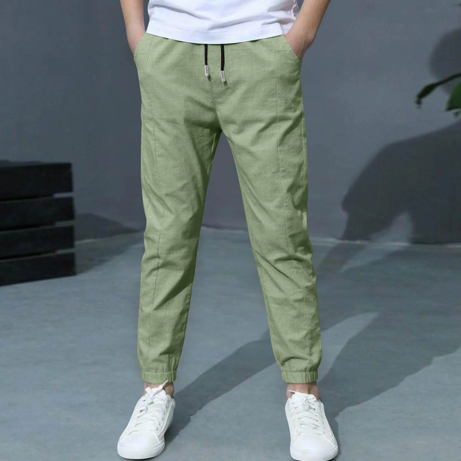Pantalon Lin Enfant Garçon 4-17 Ans Léger Été Sport Casual Respirant avec Cordon Taille Elastique Poches