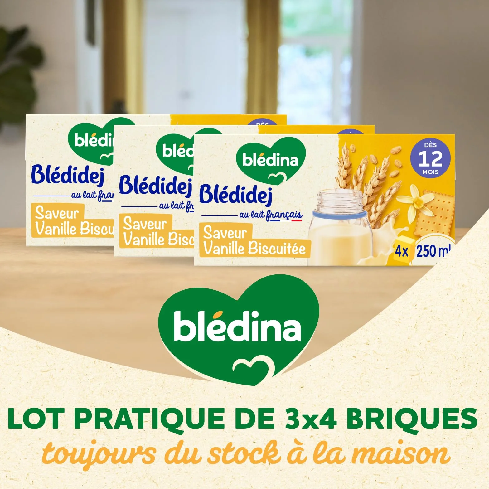 Blédina Blédidej Céréales bébé Biscuité Saveur Vanille Dès 12 Mois Lait bébé petit-déjeuner Calcium Vitamine C Fer Oméga 3 Format Pratique 12x250 mL