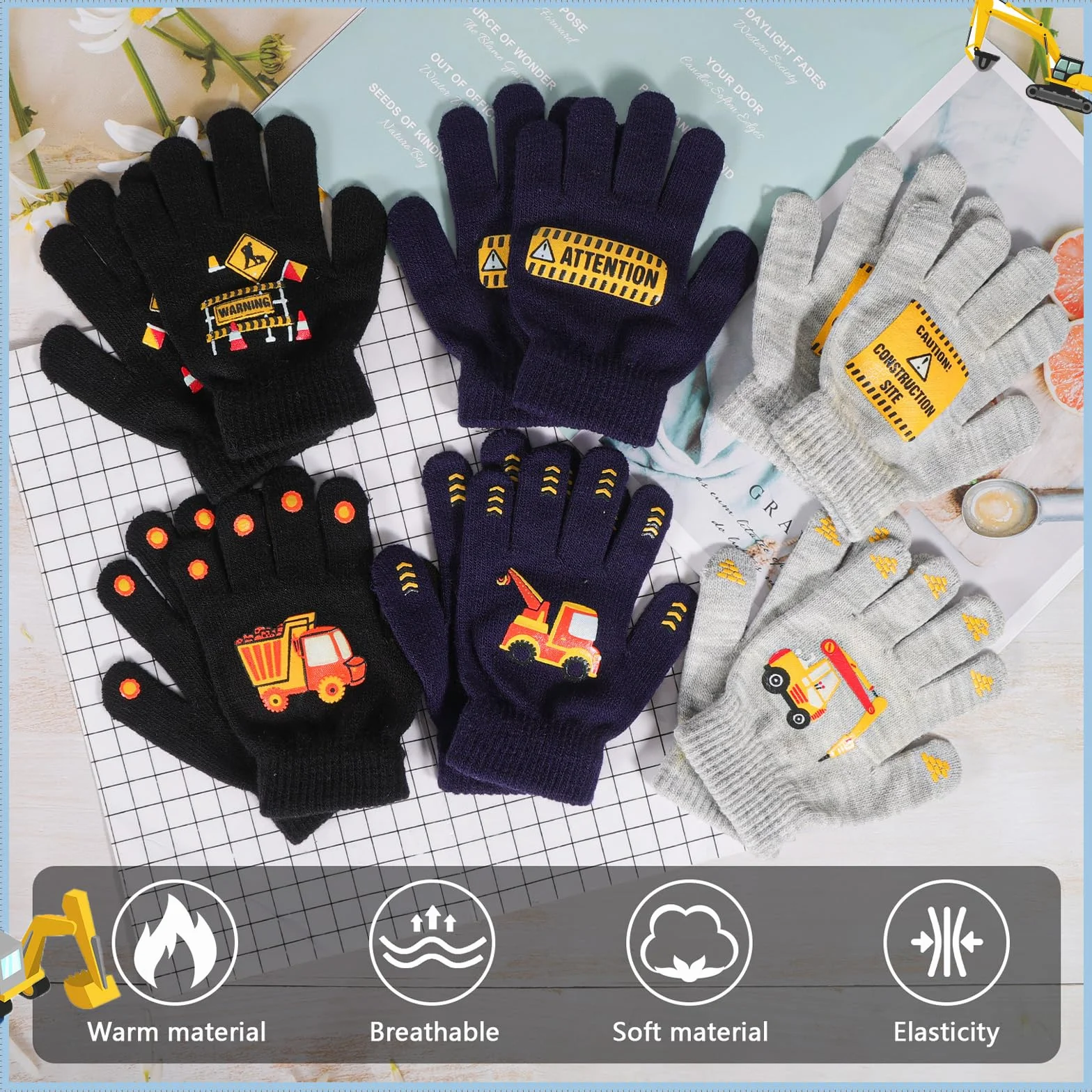 Gants magiques pour enfants Lot de 6 paires motif excavatrice 4-12 ans