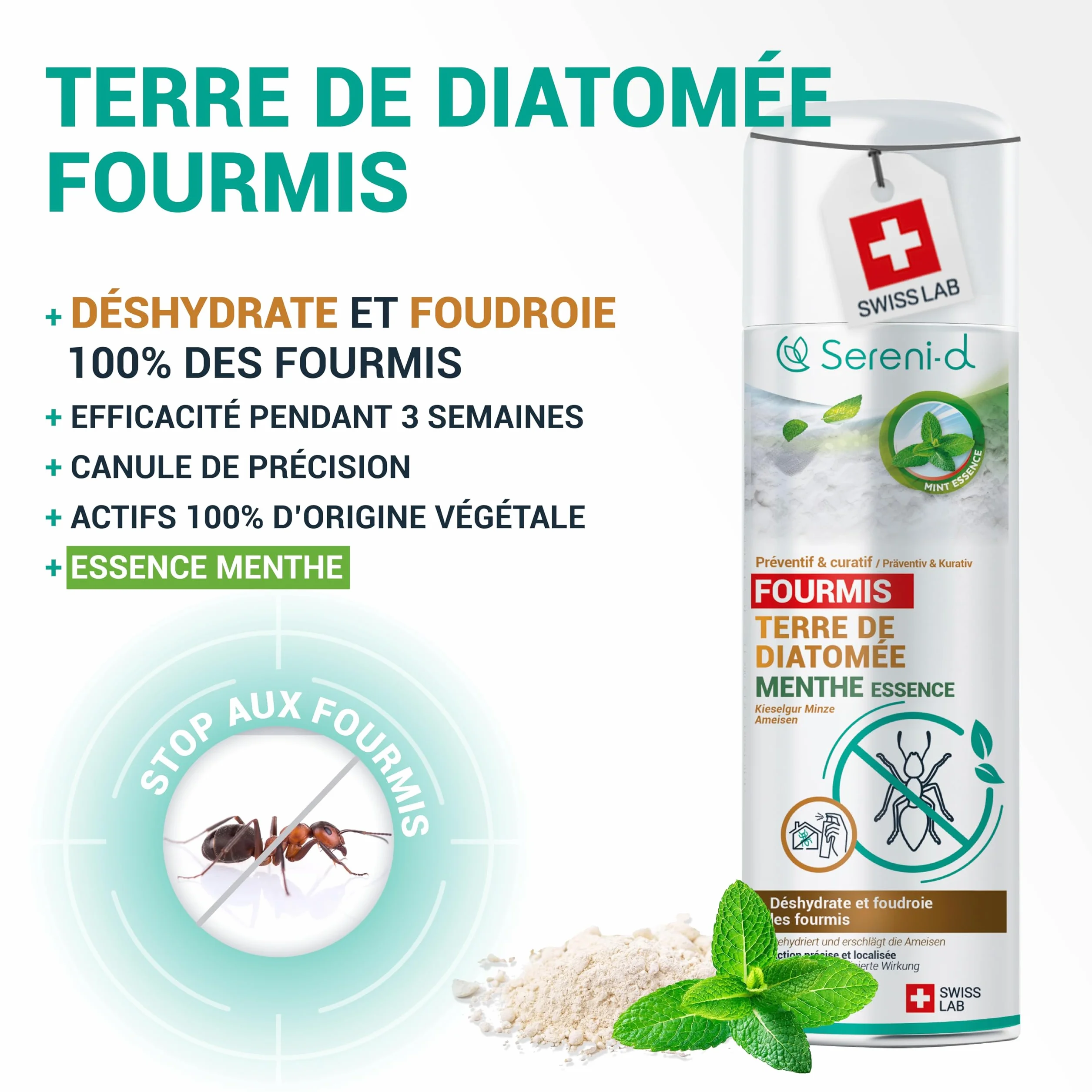 TERRE DE DIATOMÉE MENTHE FOURMIS– EFFICACITÉ FOUDROYANTE – 100% d'ORIGINE NATURELLE - Action IMMÉDIATE et EFFICACE - Swiss Lab