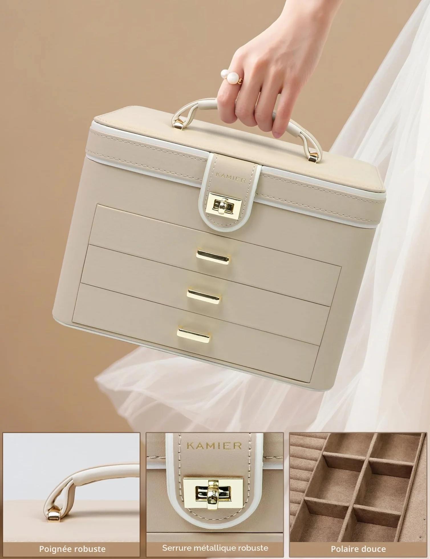 KAMIER Grande boîte à bijoux pour femme – Organiseur en cuir 4 niveaux avec serrure et miroir, beige
