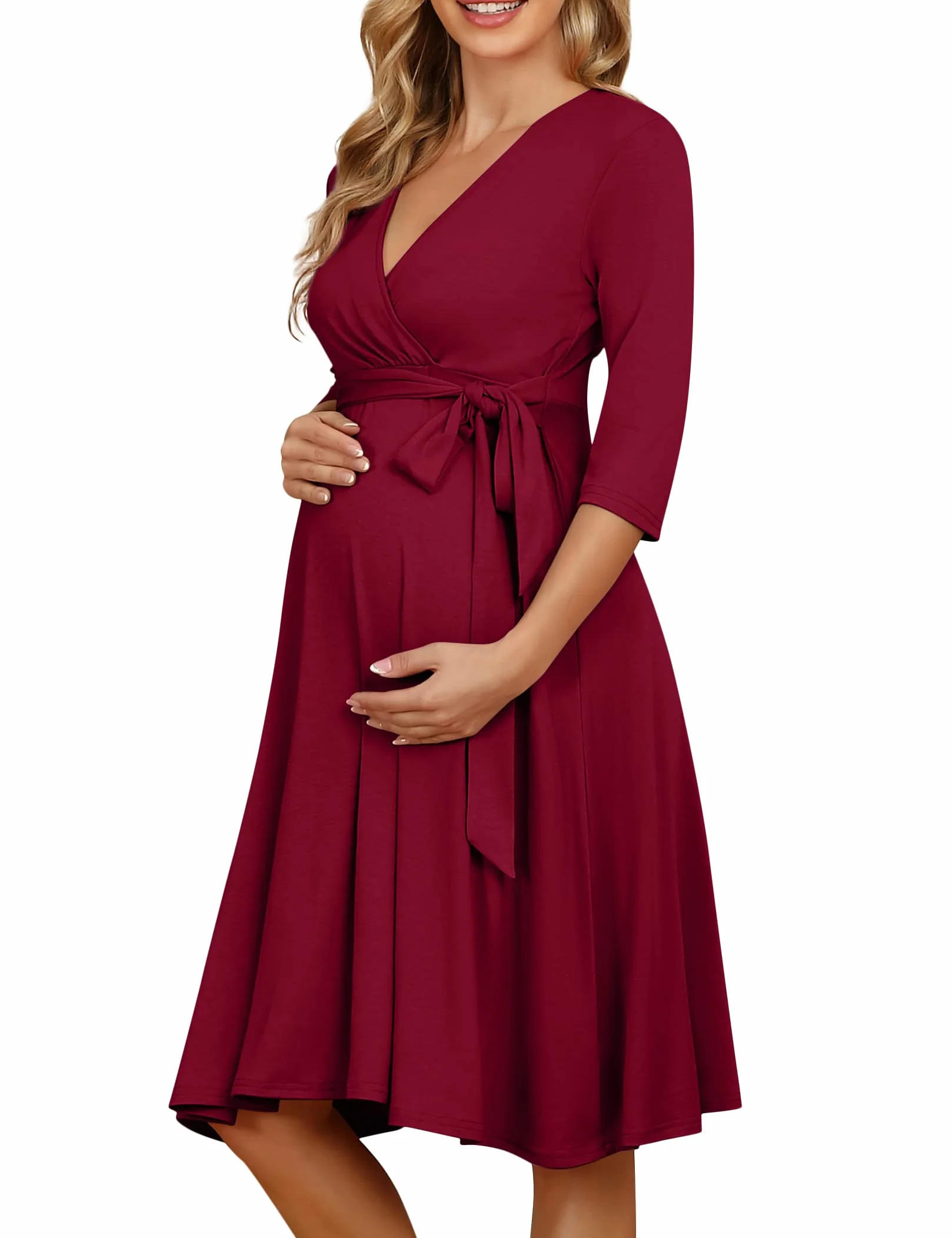 KOJOOIN Robe de Maternité Femme Enceinte Col V Manches Longues Ceinture