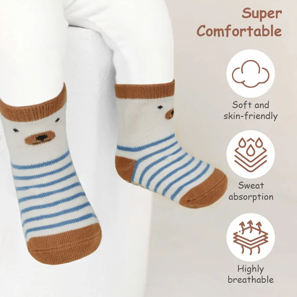 Vicloon Chaussettes Antidérapantes Bébé Coton 100% Fond Silicone 5 Paires Multicolore