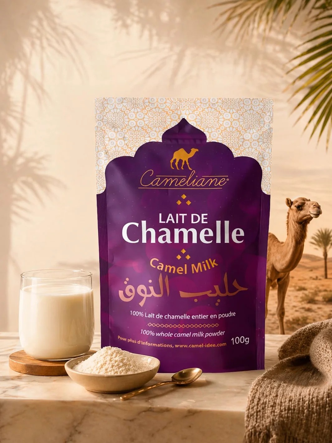 Сamel milk en poudre – lait de chamelle 100% entier, riche en protéines, faible en lactose, qualité premium, 100 g