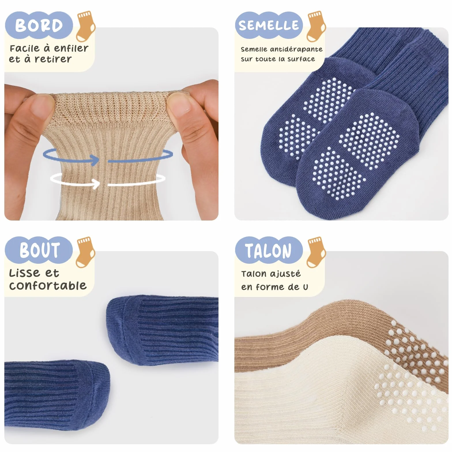 Chaussettes en coton pour tout-petits avec semelles antidérapantes - 9 paires pour bébés garçons et filles