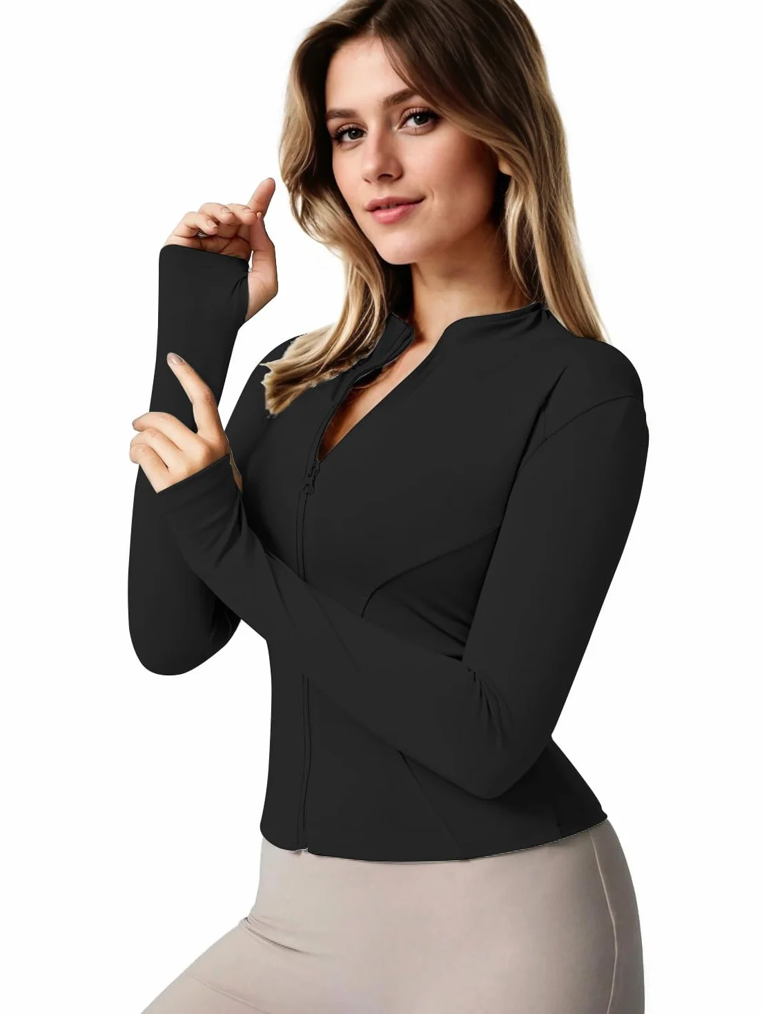 Pull à Manches Longues pour Femme Demi-Fermeture éclair Trou Pouce Yoga