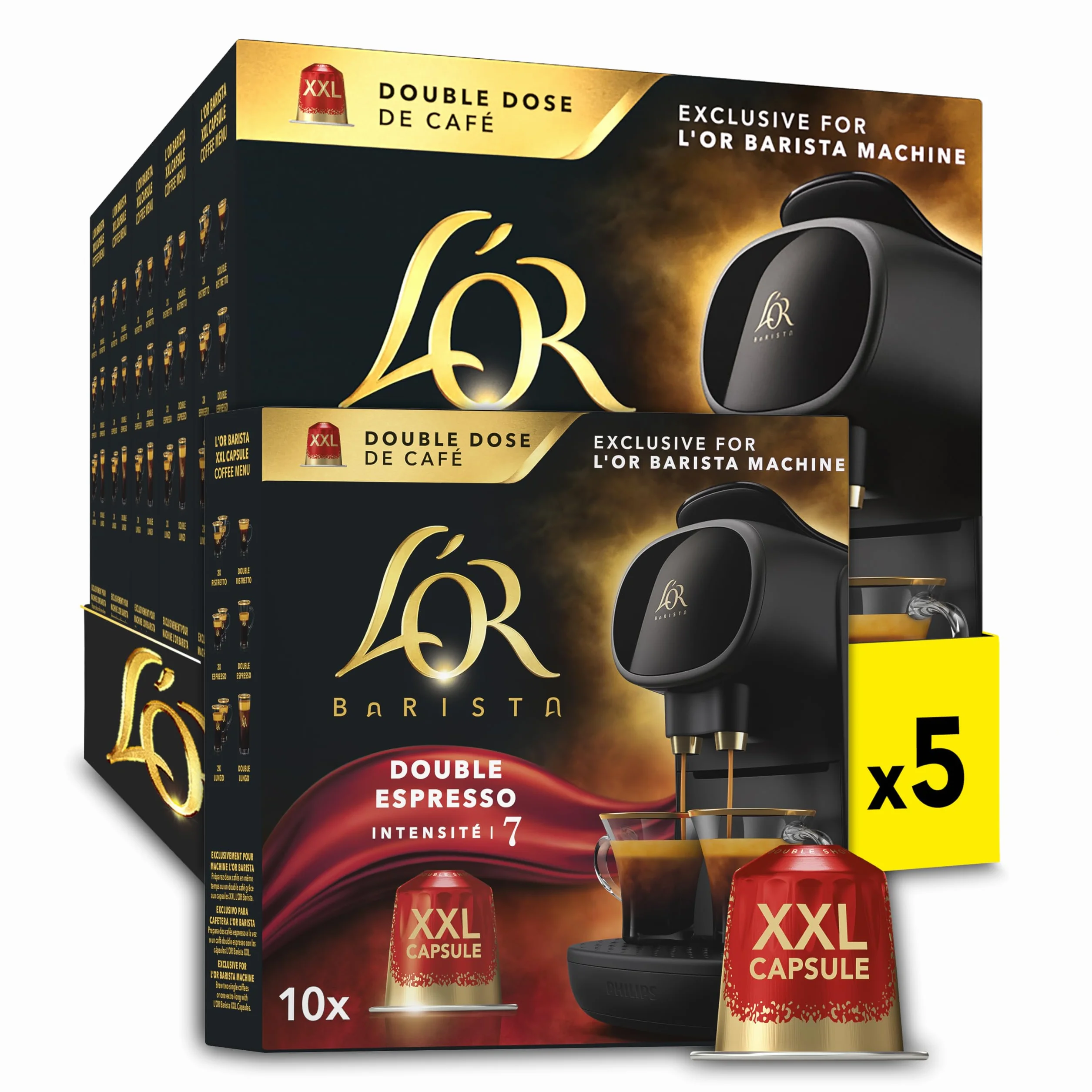 L'OR - Capsules XXL - Splendente - Intensité 7 - Torréfaction Légère - Compatibilité Exclusive L'OR BARISTA® - 5 lots de 10 capsules aluminium