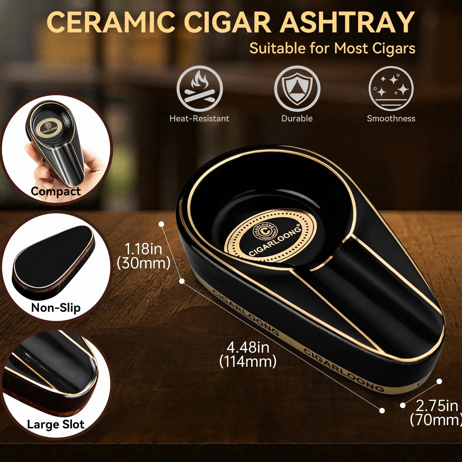 Cendrier à cigares en céramique avec coupe-cigare en V, guillotine à double lame, noir