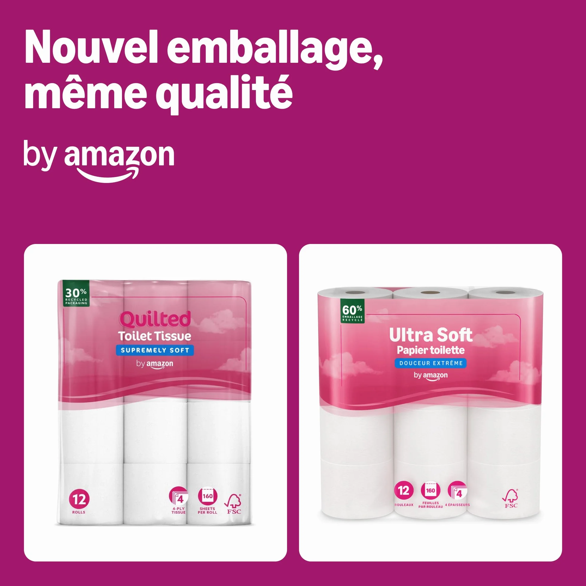 by Amazon Papier Toilette, 4 Épaisseurs Matelassé, Douceur Suprême, 48 Rouleaux (4 Paquets de 12), 160 Feuilles par Rouleau, Certifié FSC