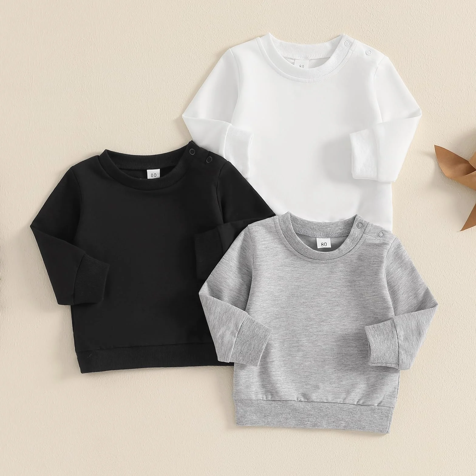 Lot de 3 sweats pour bébé garçon à manches longues - Couleur unie - Pull élastique