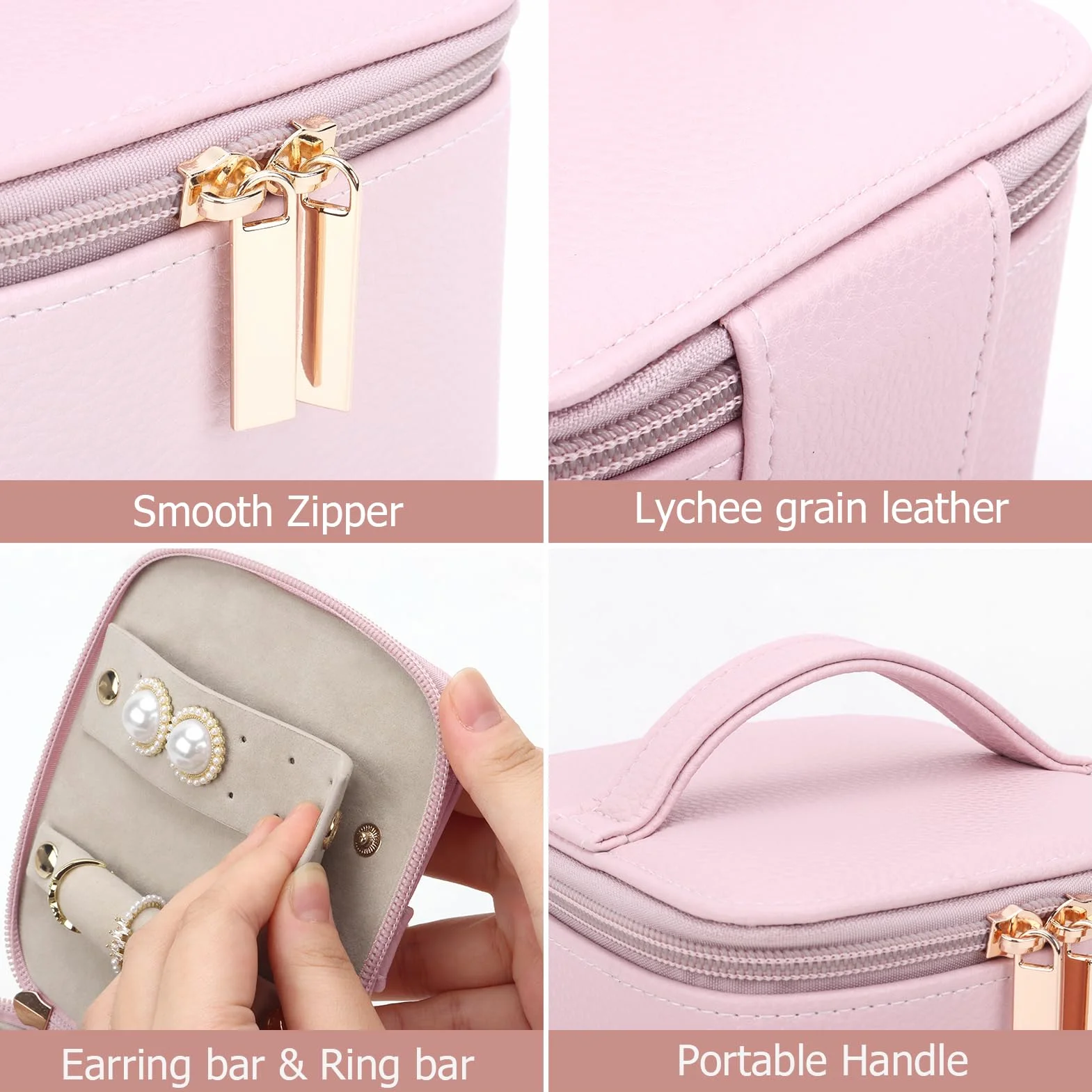 DesignSter Petite boîte à bijoux de voyage en cuir grain litchi 6 poches transparentes en velours rose