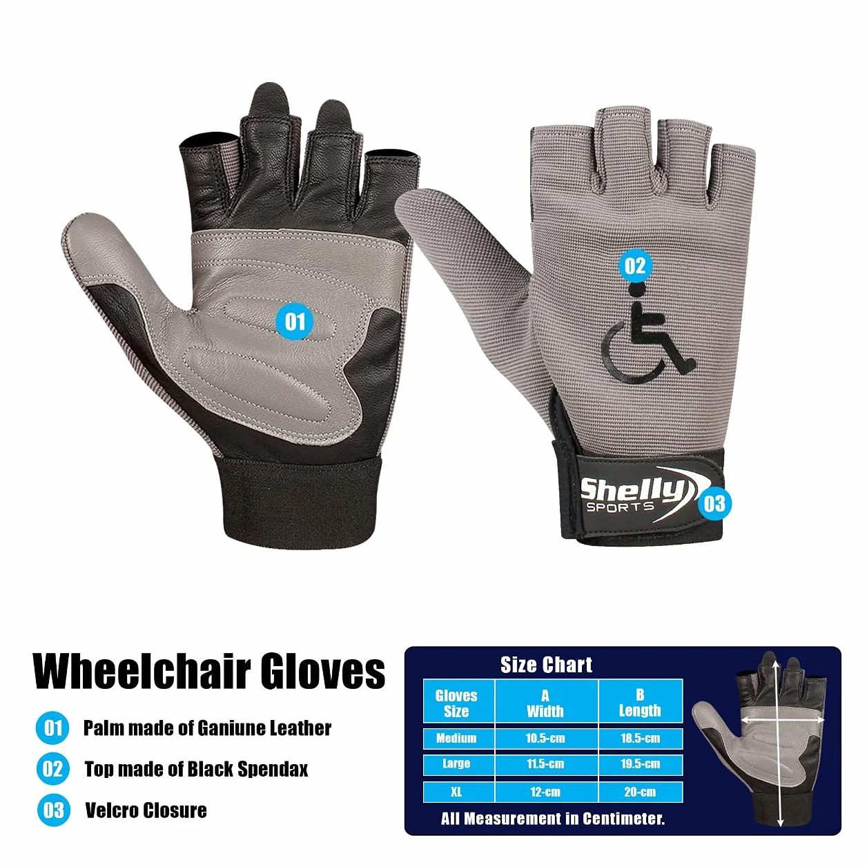 Gants de fauteuil roulant en cuir véritable paume rembourrée sans doigts antidérapants cyclisme légers M