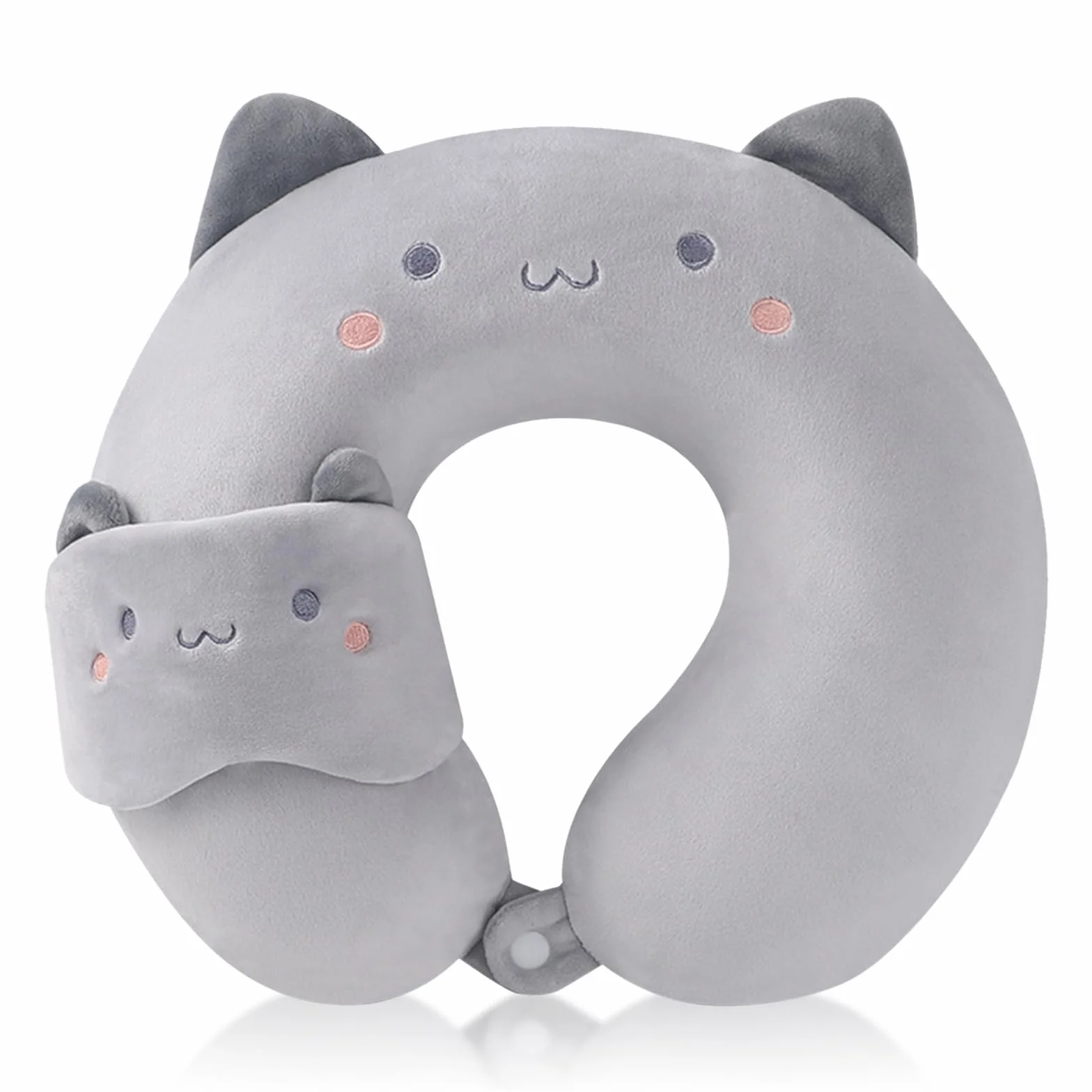 Oreiller de Voyage Enfant en Forme de U, Chat Gris, avec Masque pour les Yeux, Taie Amovible et Lavable