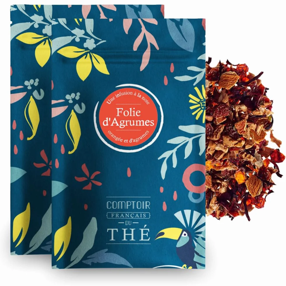 2x100g d'Infusion Orange Agrumes - Folie D'Agrumes COMPTOIR FRANÇAIS DU THÉ | Arômes d'orange et d'agrumes - Délicieuse chaude ou glacée - Infusion en vrac, sachet zip refermable - coffret thé à offrir