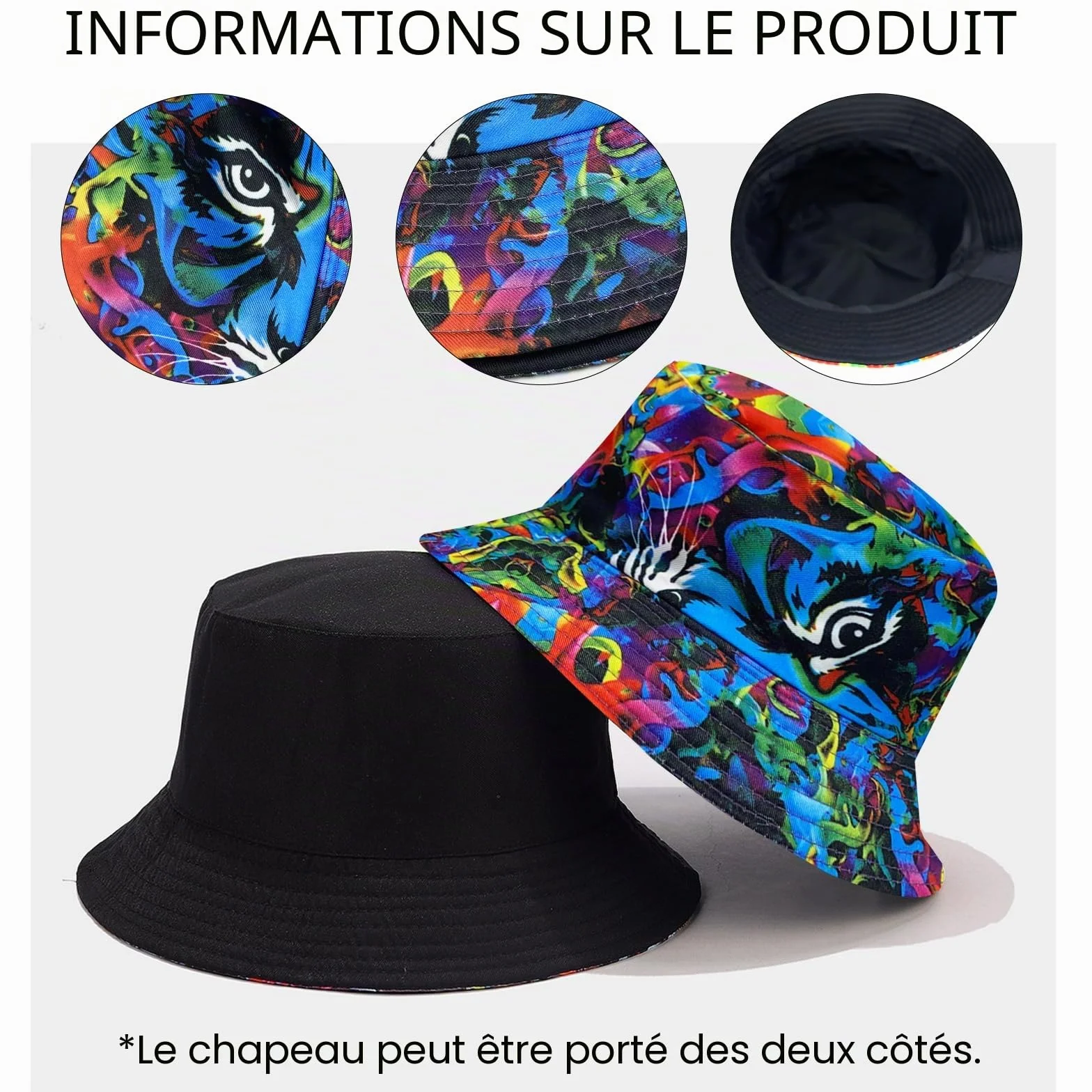 Chapeau cloche réversible unisexe protection UV été pêcheur homme femme