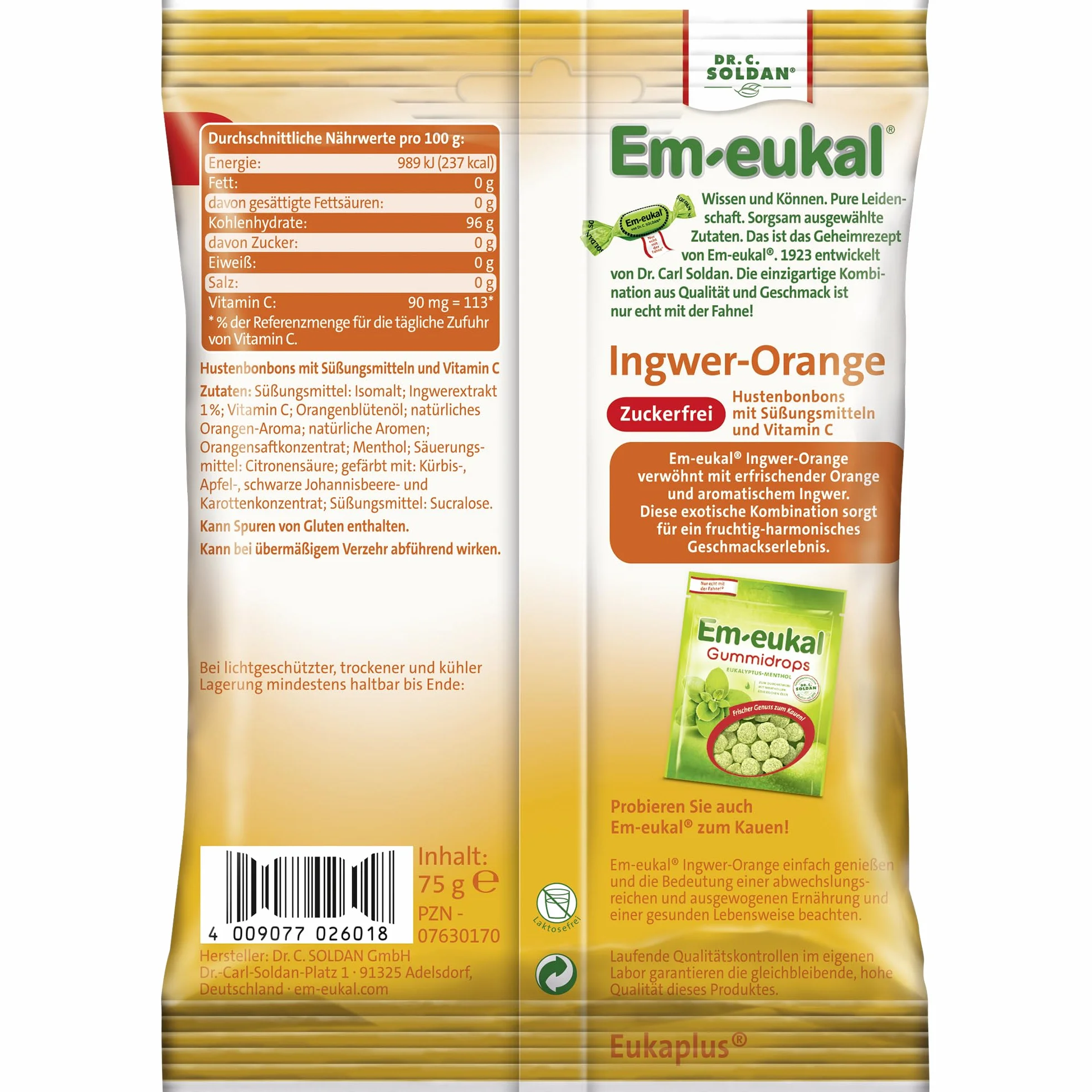 Em-eukal Gingembre-Orange sans sucre 75g, paquet de 5 (5 x 75g)