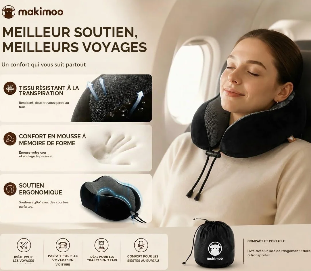 Oreiller de voyage en mousse à mémoire de forme cervical 360 degrés Noir