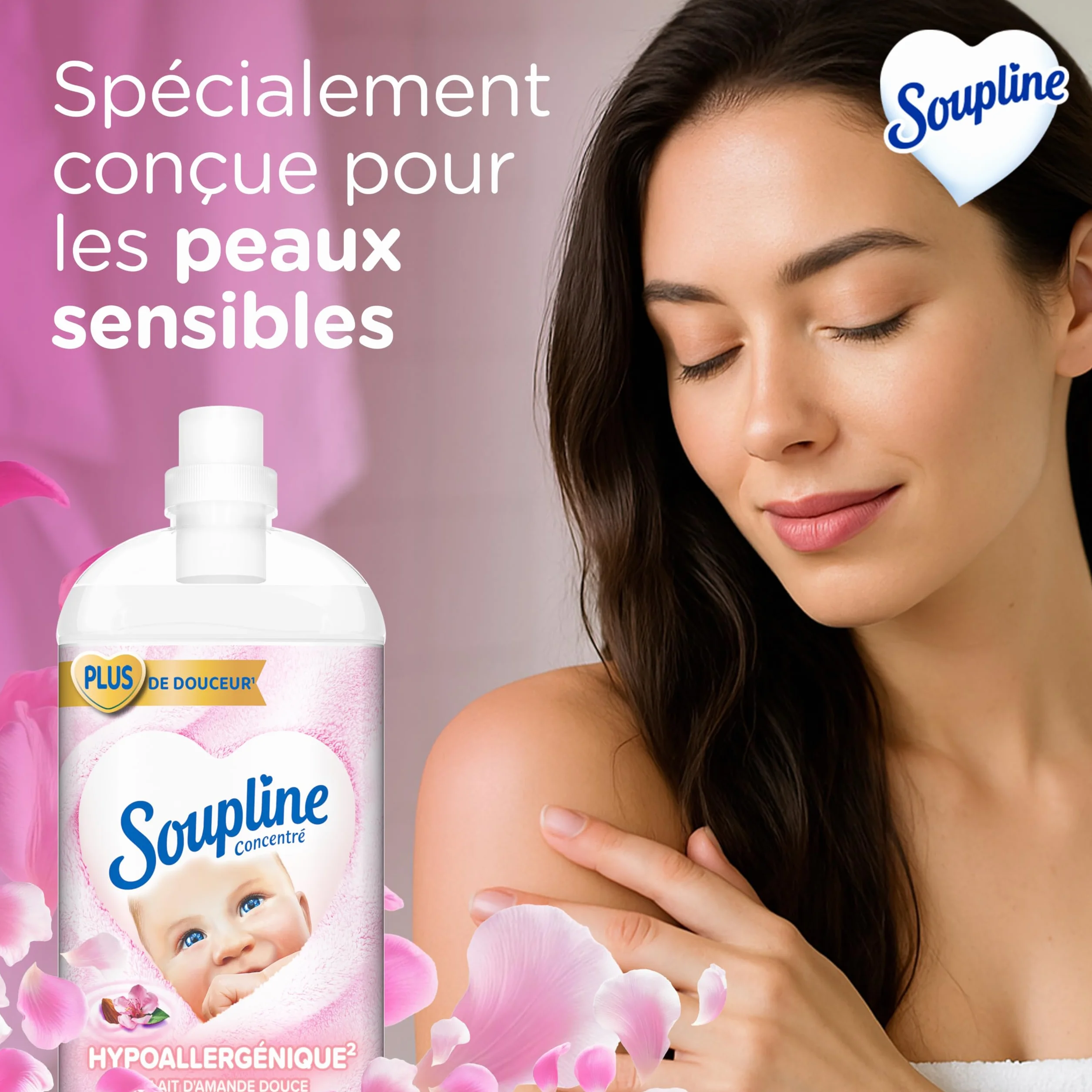 SOUPLINE Adoucissant Linge Hypoallergénique Concentré Senteur Amande Douce, Assouplissant Linge Formule Améliorée pour Plus de Douceur*, Assouplissant Textile Liquide, Soupline Lot de 3x1,35L