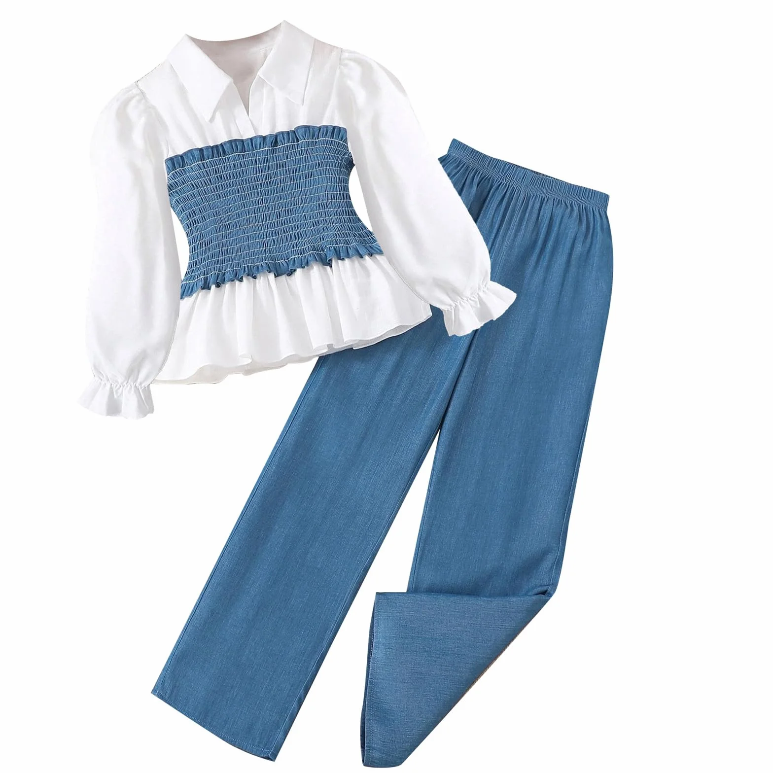 Survêtement pour enfant fille T-shirt en denim manches longues couleur unie jambes larges