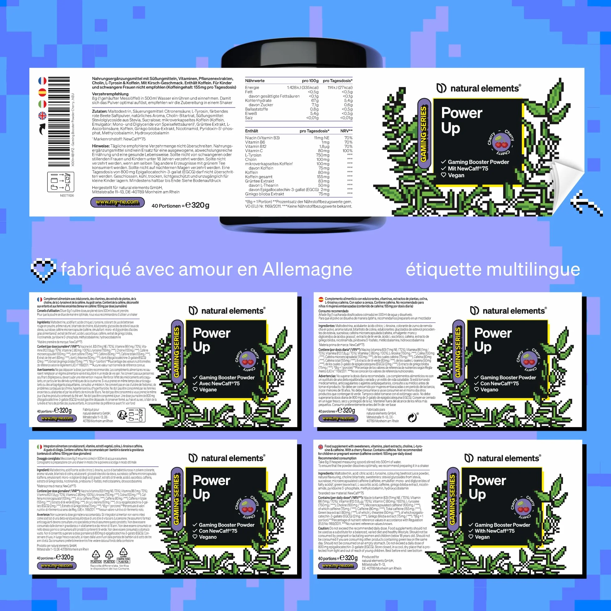 Power Up "Cherry" – Booster avec caféine, NewCaff75, vitamines B, vitamine C, L-tyrosine, extrait de ginkgo et de thé vert – 40 boissons – végane, hautement dosé, avec stevia – produit en Allemagne
