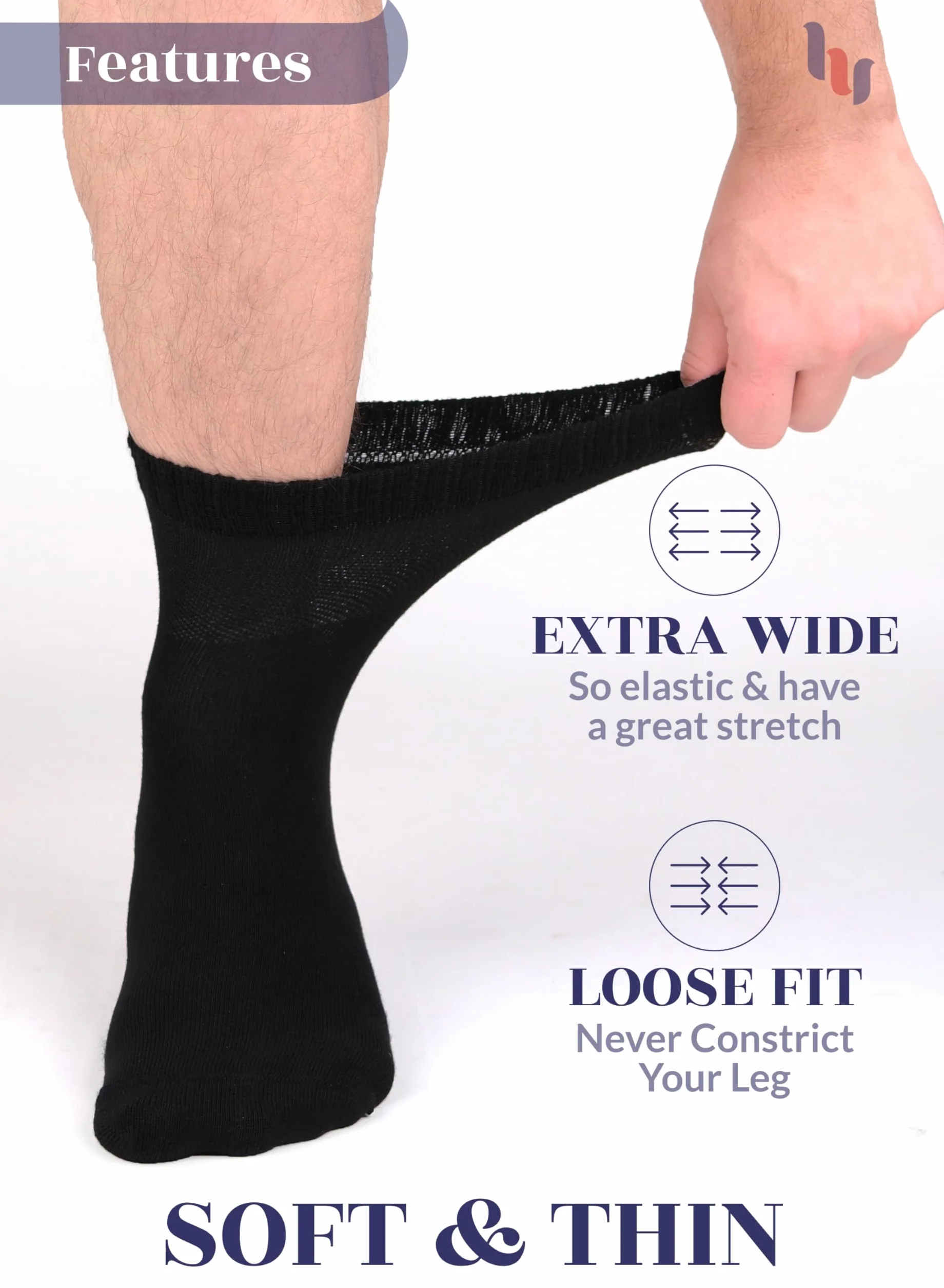 HUGH UGOLI Chaussettes Cheville Hommes Diabétiques 4 Paires Bambou Douces Fines Larges Amples Pointure 40-44 44-47