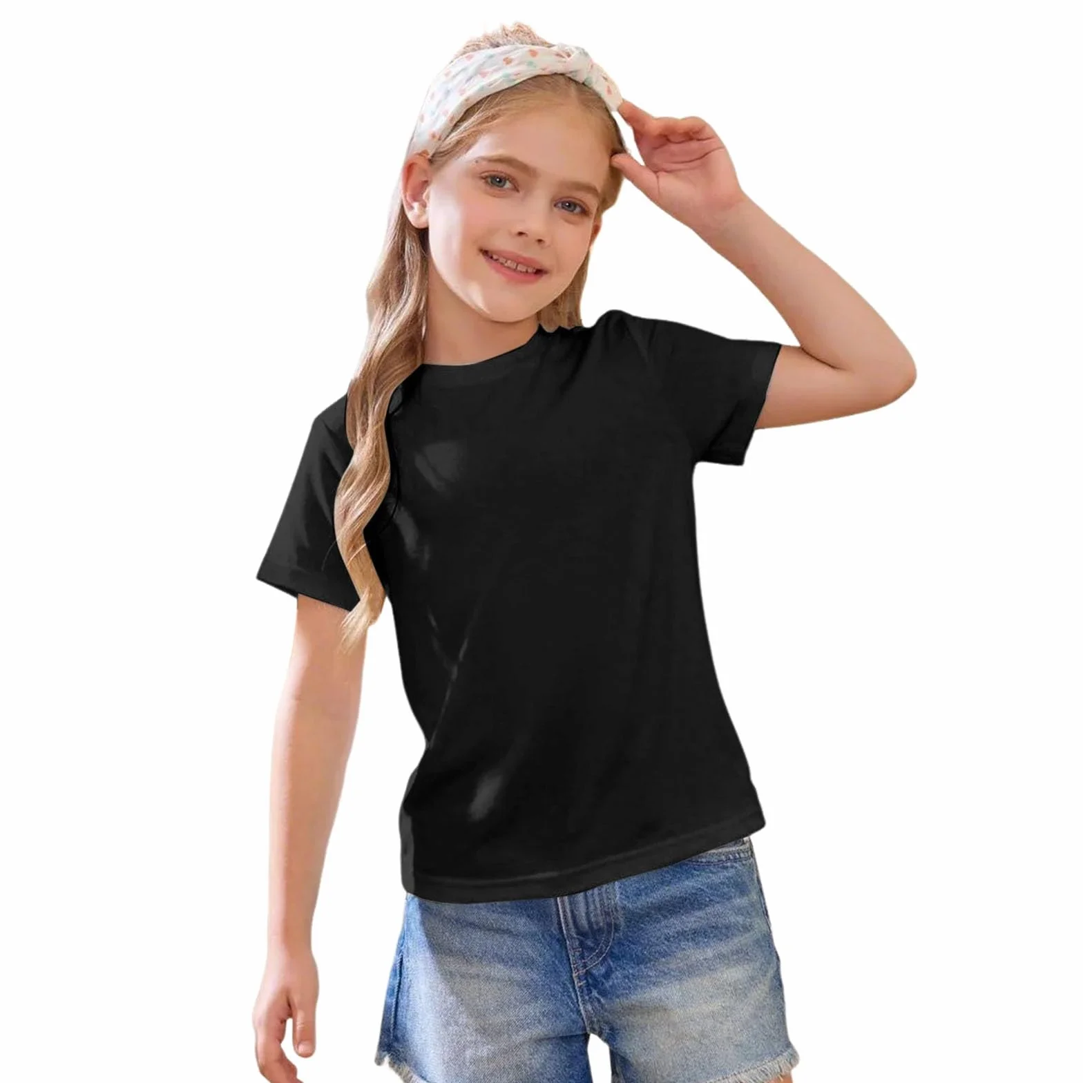 T-shirt à manches courtes en coton pour filles col rond haut basique enfants