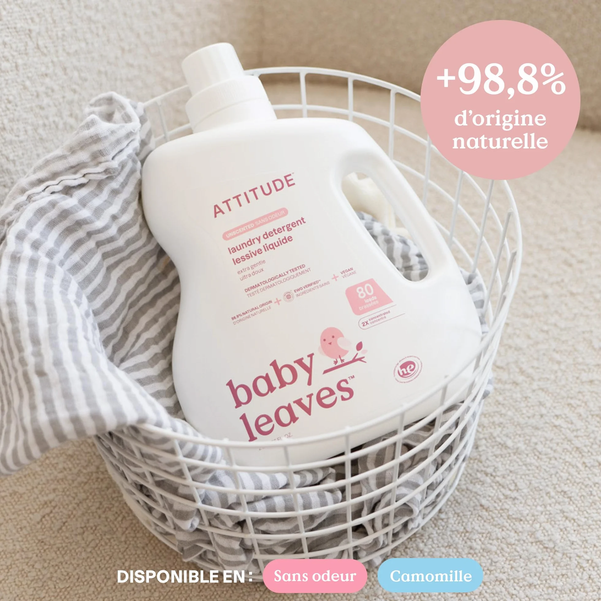 ATTITUDE Lessive Liquide pour Bébé, Certifié EWG Verifié, Vêtements de bébé et Nouveau-Né, Végan, Ingrédients d'Origine Naturels, Sans Parfum, 80 Brassées, 2 Litres