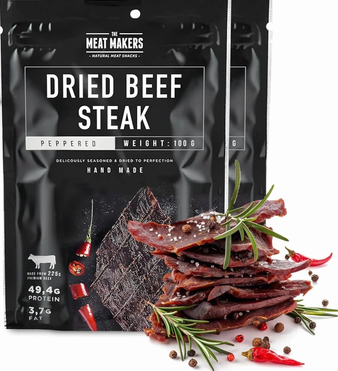 The Meat Makers Peppered Dried Beef Jerky Steak 200g - viande séchée de bœuf séché peppered steak séché de bœuf séché pour les personnes collation à la viande séchée