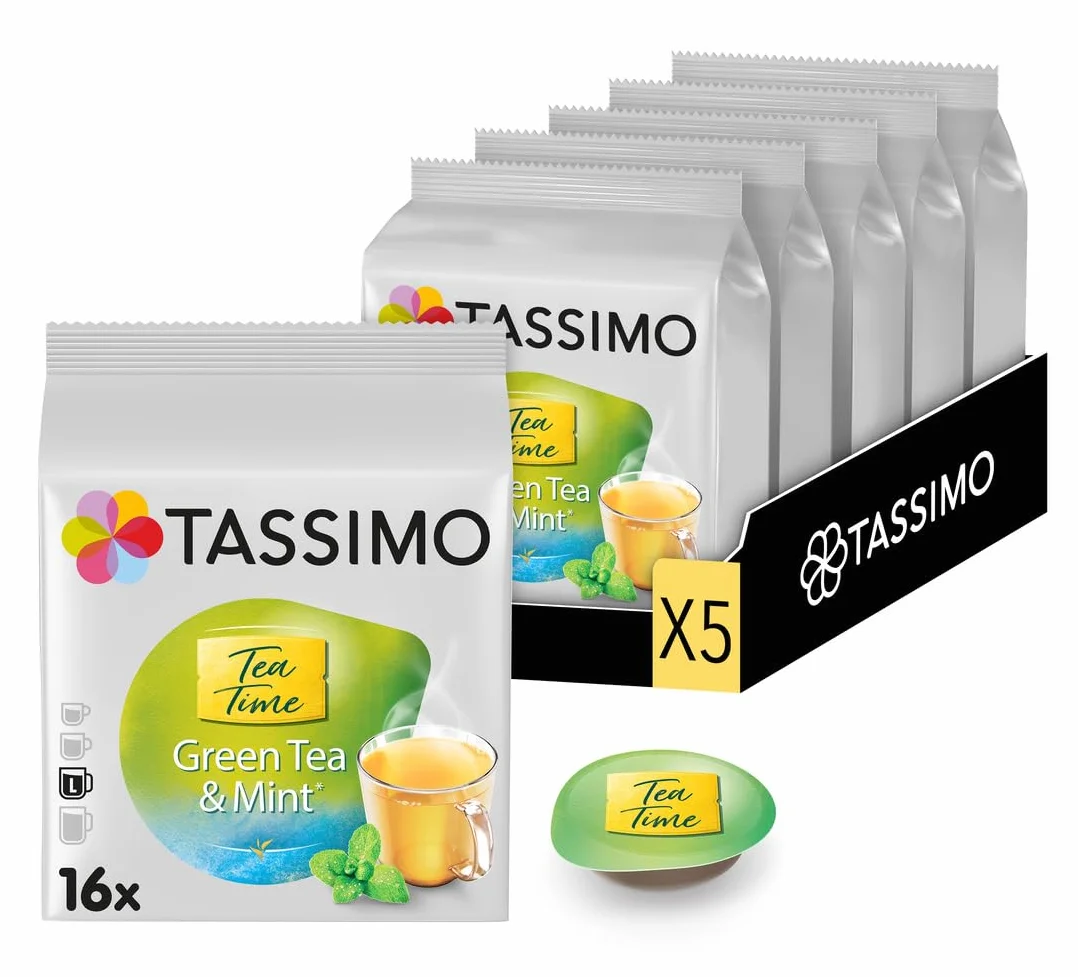 Tassimo, 80 Dosettes, Thé Vert à la Menthe Tea Time, Compatibles avec les machines TASSIMO, 80 Thés Vert Menthe, Subtil et Frais, 5 packs de 16 dosettes | Compatibles avec les machines TASSIMO, 80 Thés Vert Menthe, 5 packs de 16 dosettes