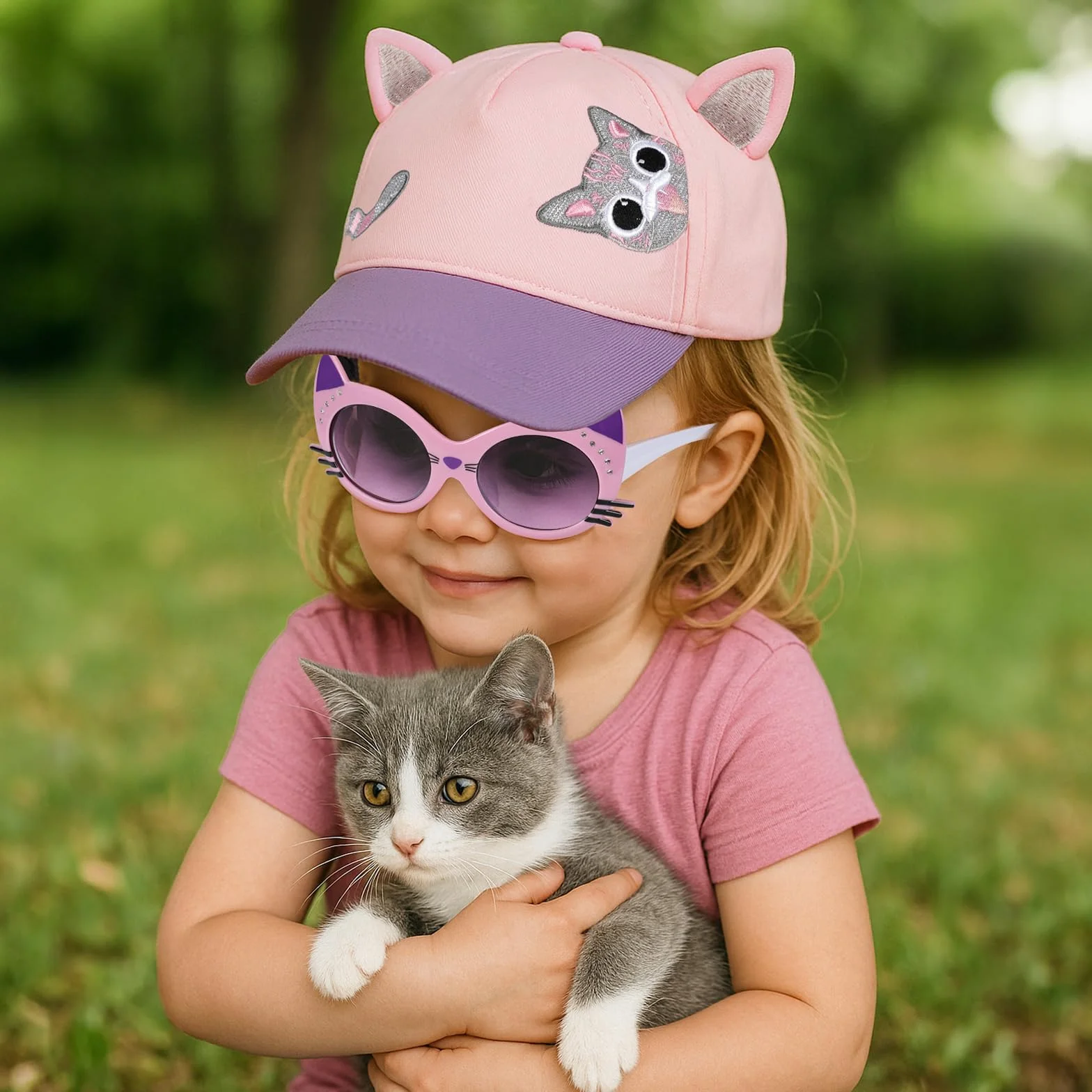 Hifot Ensemble Casquette de Baseball pour Fille avec Lunettes de Soleil Enfant, Réglable Chapeau Paillettes Protection UV Rose