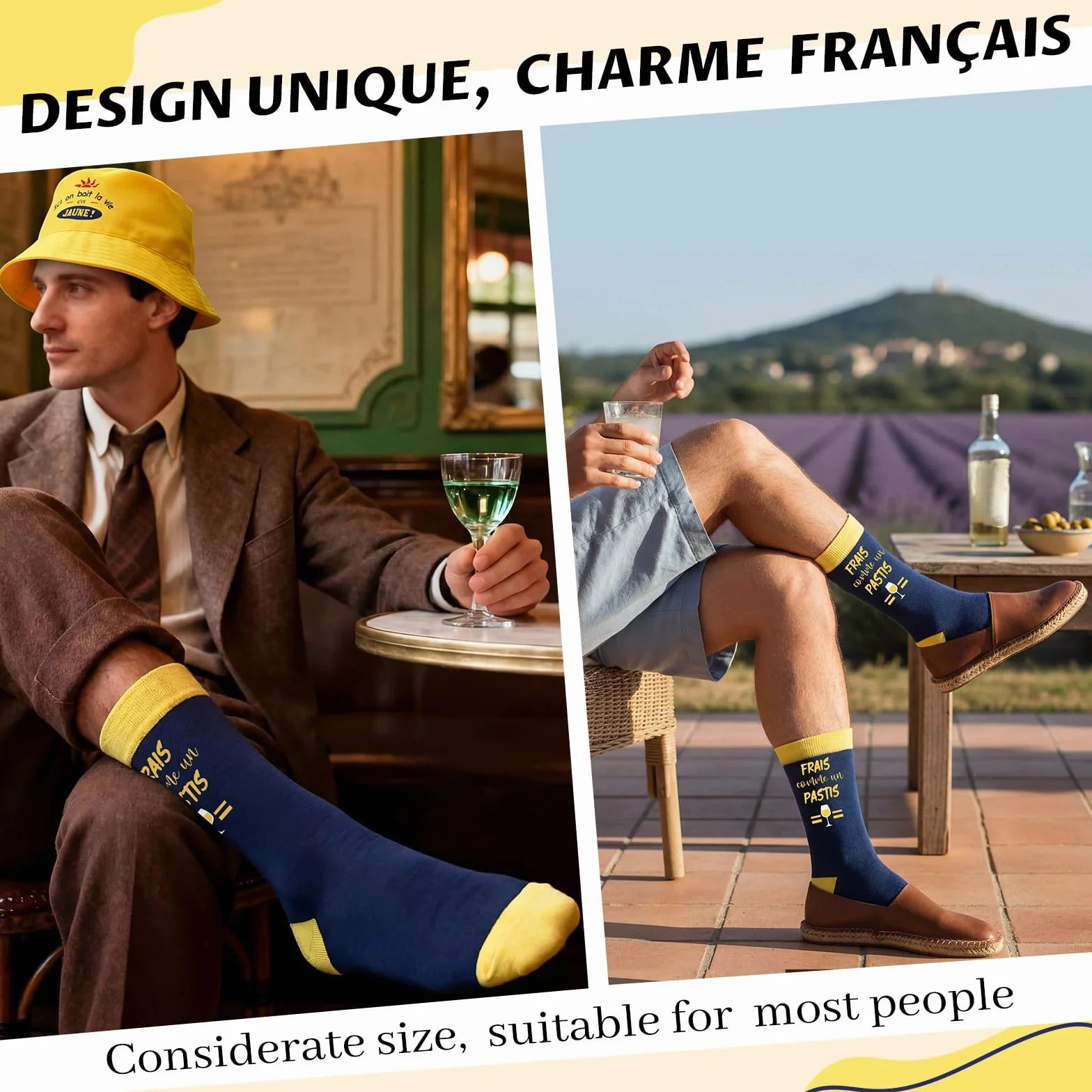 Geyoga Bob Jaune Chaussettes Rigolotes Frais Comme un Pastis Taille 39-46 Set Cadeaux Humour Hommes