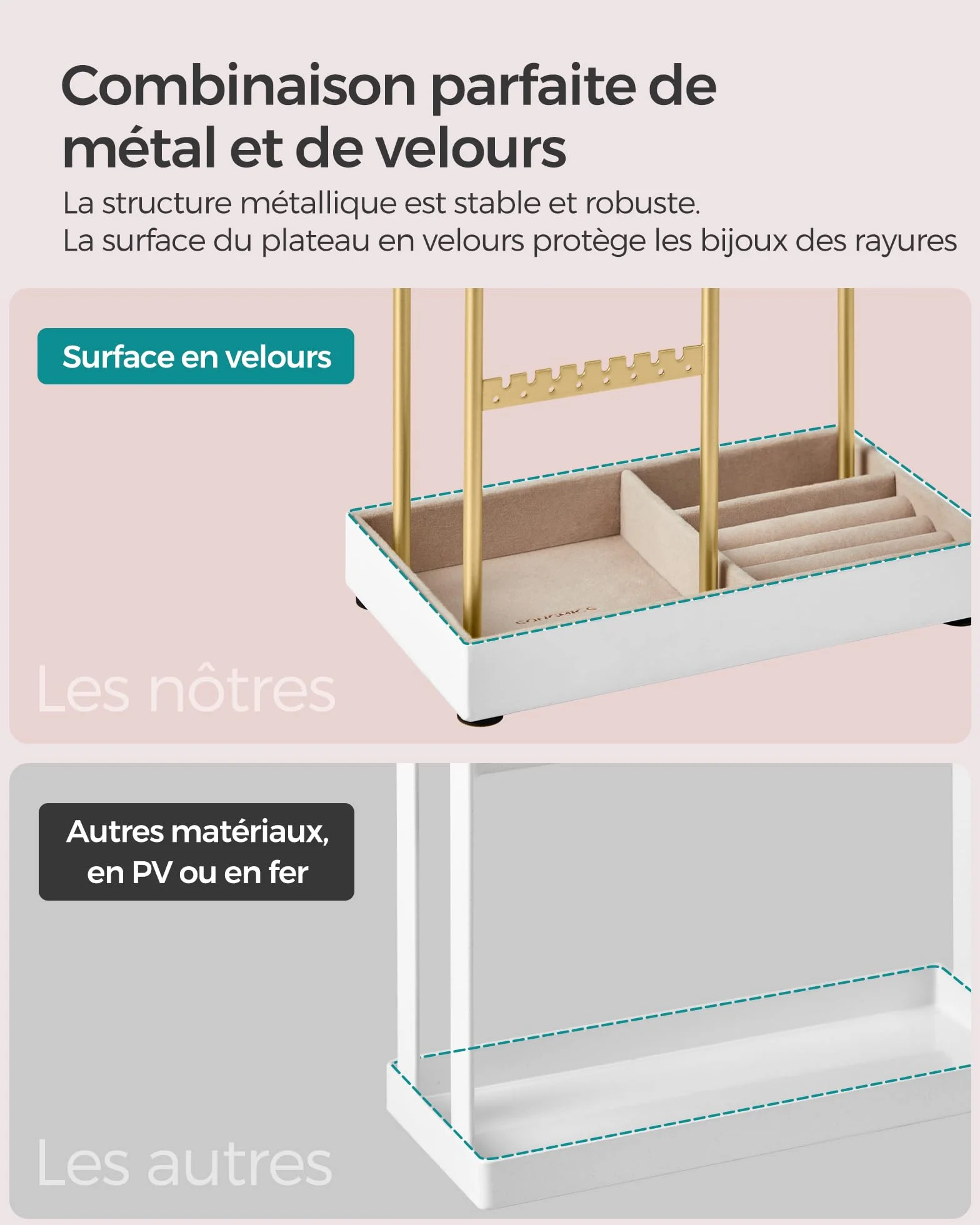 SONGMICS Porte-bijoux en Métal Plateau Velours Doré JJS021A01